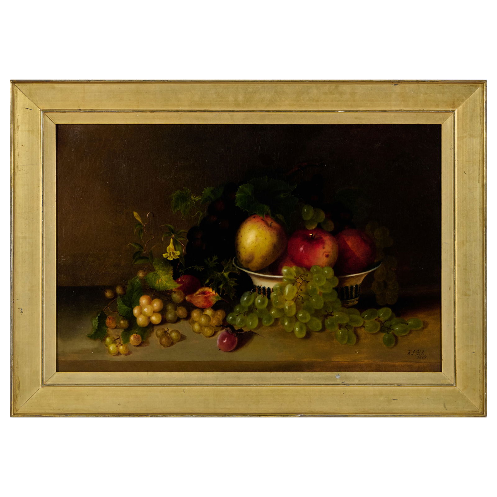 Mary Jane Peale (1827-1902): Still Life with Fruit in a Basket: Mary Jane Peale (1827-1902): Still Life with Fruit in a BasketOil on canvas, 1887, signed 'MJ Peale' and dated lower right, variously inscribed on the reverse, lined.17 x 26 in., 22 x 31 1/2 in.