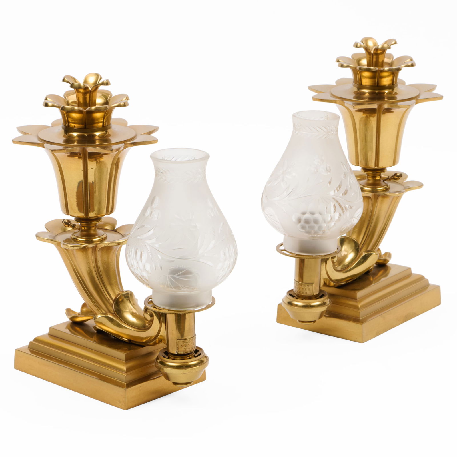 Pair of Classical Brass Argand Lamps, Brower and Rusher, New York: Pair of Classical Brass Argand Lamps, Brower and Rusher, New York13 1/2 x 9 3/4 x 5 in. Didier, Inc., New Orleans, 1994.