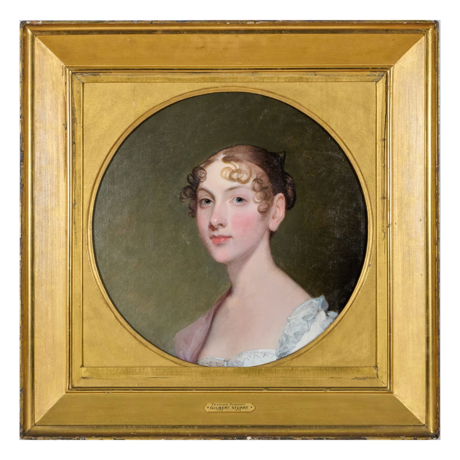 Gilbert Stuart (1755-1828): Portrait of Frances Torrey: Gilbert Stuart (1755-1828): Portrait of Frances Torrey Oil on canvas mounted on board, unsigned, with labels from Kennedy Galleries, NY. 19 3/4 in. (sight diameter), 29 1/2 x 29 1/2 in. (frame). Liter