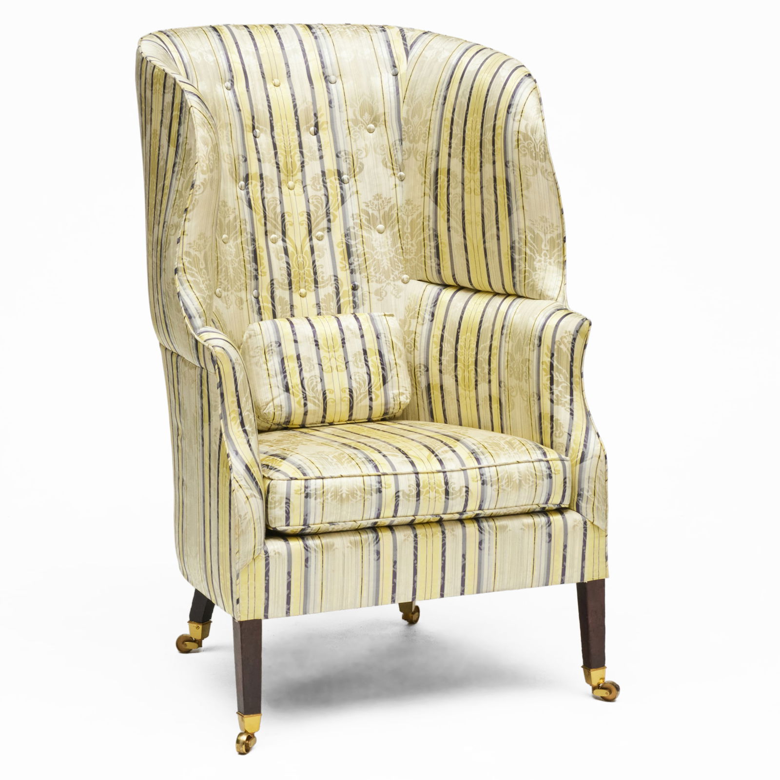 Federal Mahogany Barrel Back Wing Armchair, English or American: Federal Mahogany Barrel Back Wing Armchair, English or American Raised on casters. 45 1/2 x 27 1/4 x 30 in. Didier, Inc., New Orleans, June 1992.