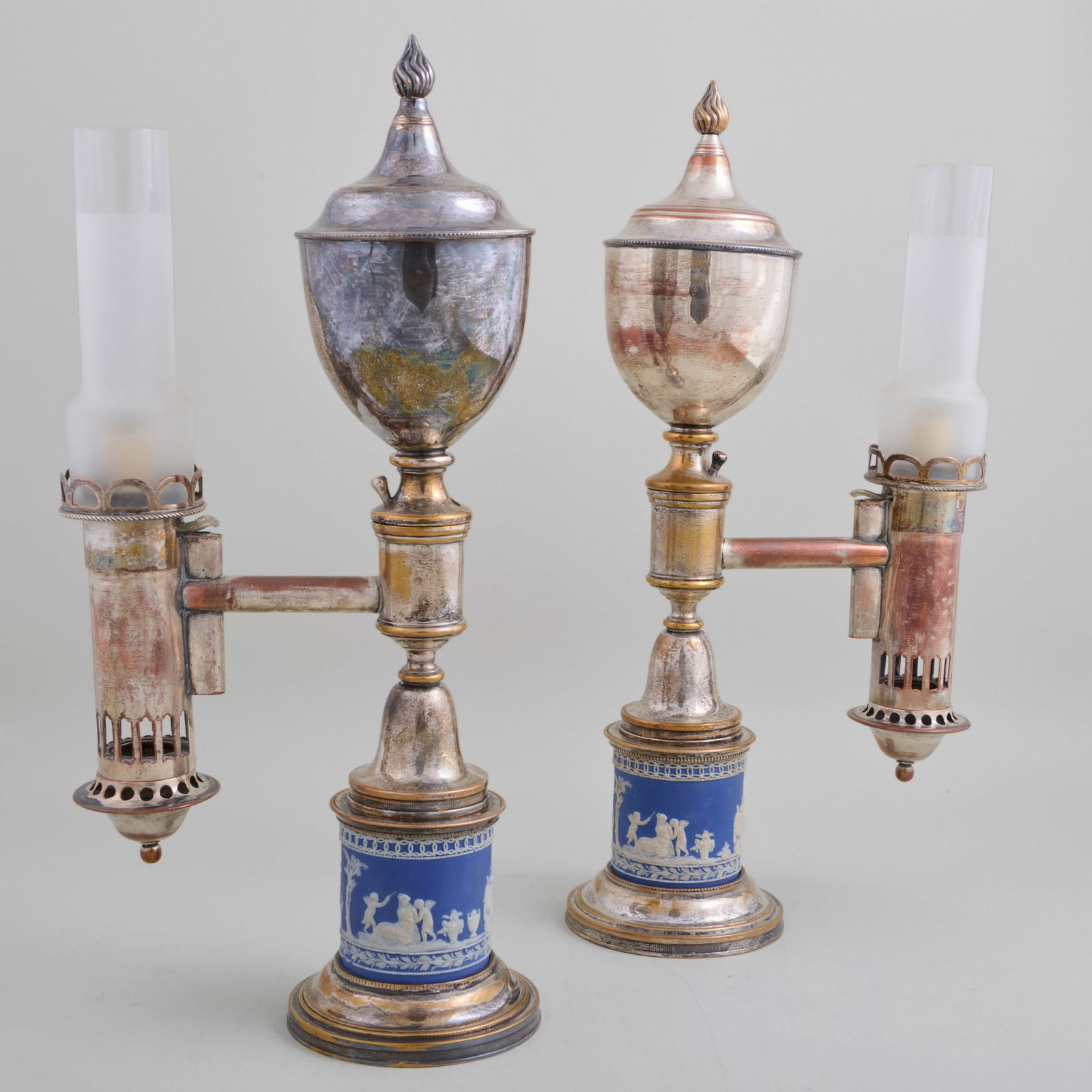 Pair of Late George III Sheffield Plate and Jasperware Argand Lamps: Pair of Late George III Sheffield Plate and Jasperware Argand Lamps Together with two glass shades. 16 3/4 x 7 1/2 x 4 1/4 in.