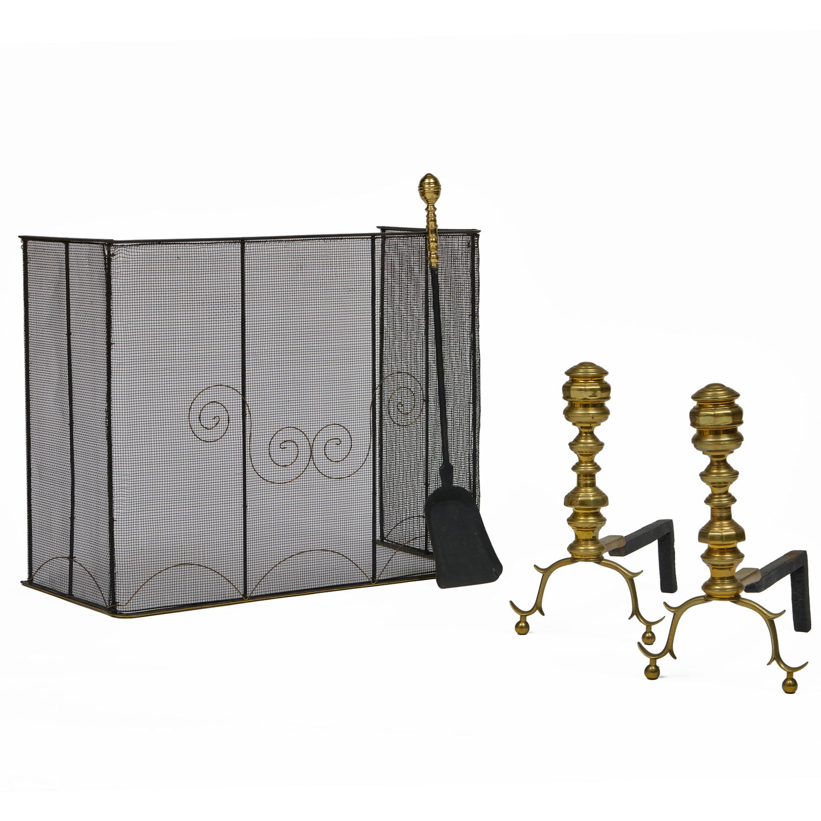 Pair of Late Federal Brass Andirons: Pair of Late Federal Brass Andirons Together with a three panel spark screen, American or English, and a shovel. Andirons 17 x 10 x 18 in. Shovel 28 1/2 x 6 in. Screen 46 x 24 in.