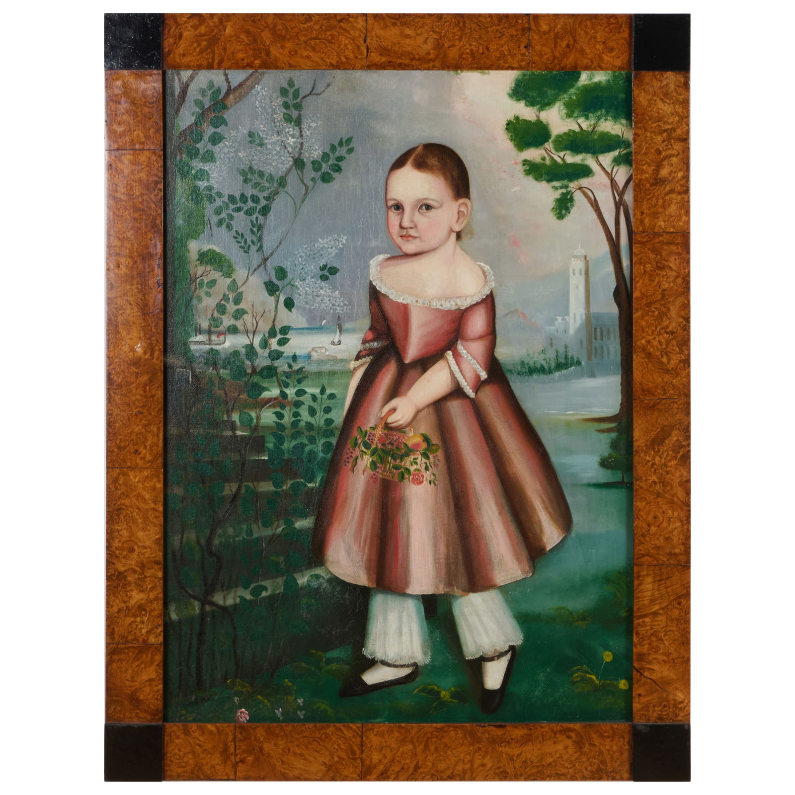 Attributed to Susan C. Waters (1823-1900): Portrait of Sarah Johnson of Mohawk, NY: Attributed to Susan C. Waters (1823-1900): Portrait of Sarah Johnson of Mohawk, NYOil on canvas, c. 1845, unsigned, lined. Exhibited: M. Knoedler & Co., NY, American Primitive Exhibition, February