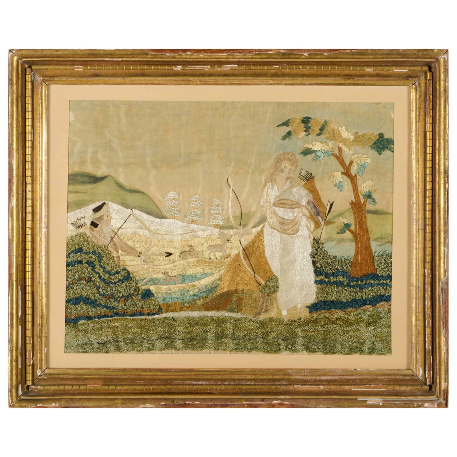 Painted Silk, Chenille and Silk Embroidery Panel of Diana and a Huntsman: Painted Silk, Chenille and Silk Embroidery Panel of Diana and a Huntsman16 x 19 1/4 in. (framed). The Vincent Dyckman Andrus Family Collection.