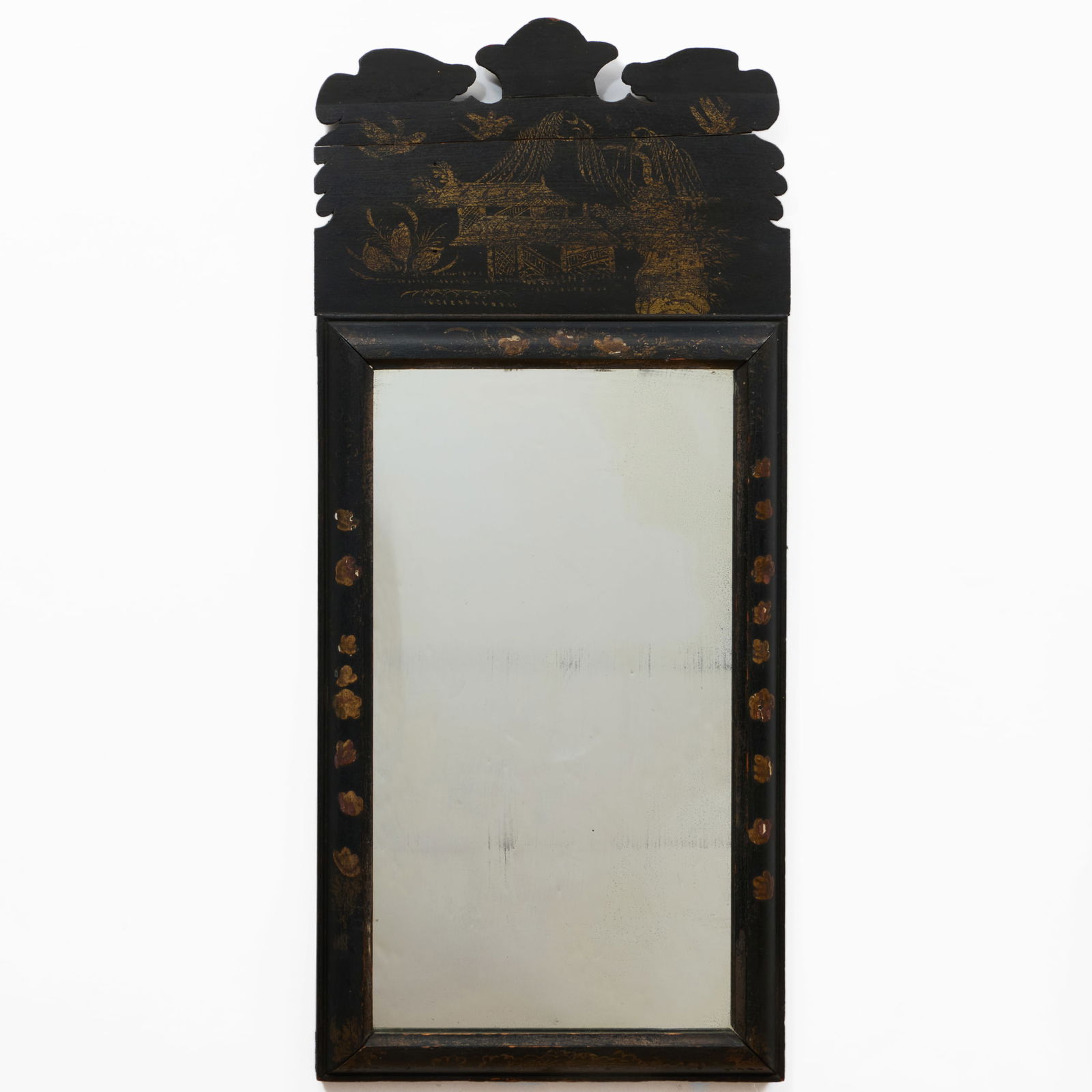 William and Mary Black Painted and Parcel-Gilt Mirror, Possibly New England: William and Mary Black Painted and Parcel-Gilt Mirror, Possibly New England 32 x 14 in. The Vincent Dyckman Andrus Family Collection.