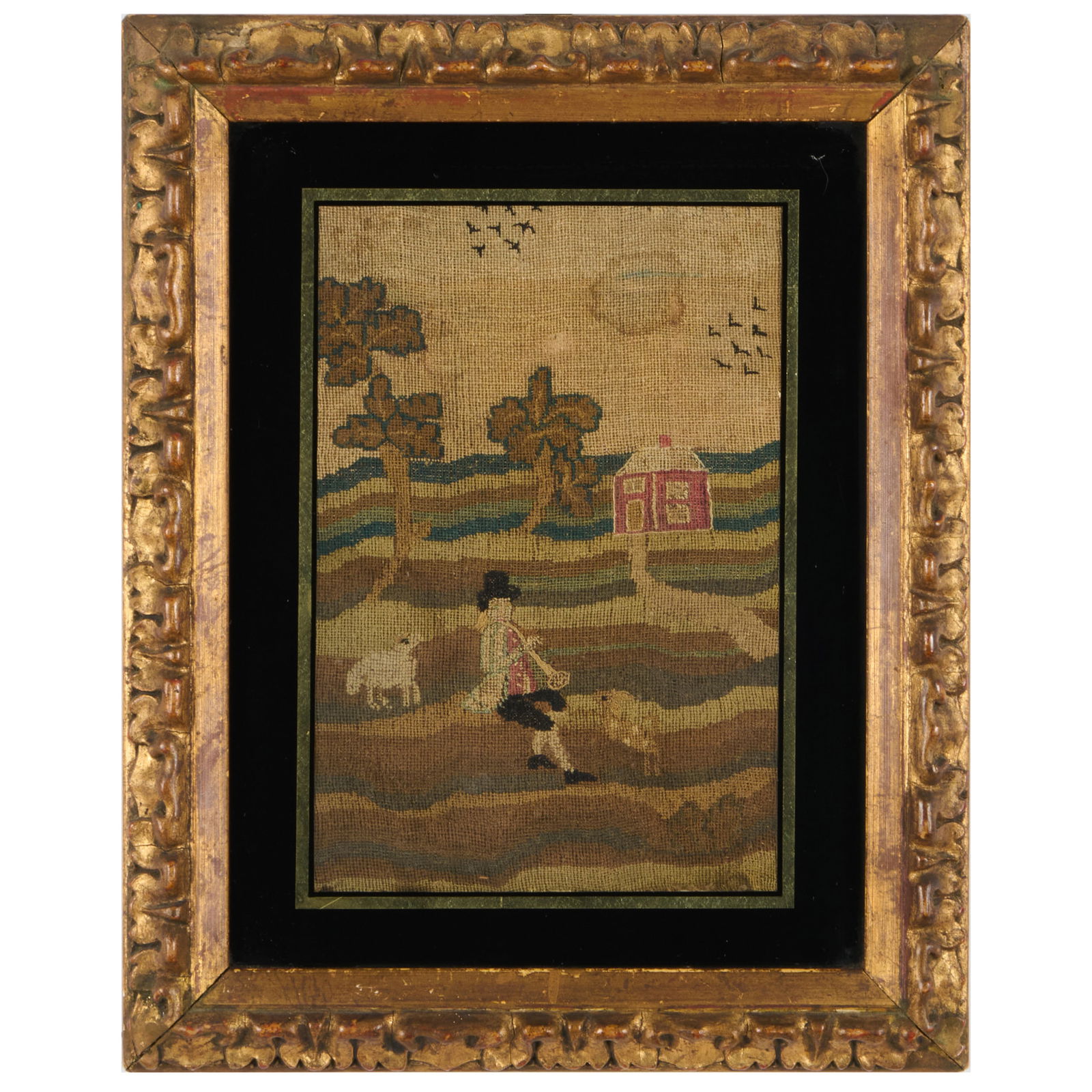 Needlework Panel of a Boy Blowing his Horn in a Field with his Animal Companions: Needlework Panel of a Boy Blowing his Horn in a Field with his Animal Companions11 3/4 x 9 1/4 in. (framed). The Vincent Dyckman Andrus Family Collection.