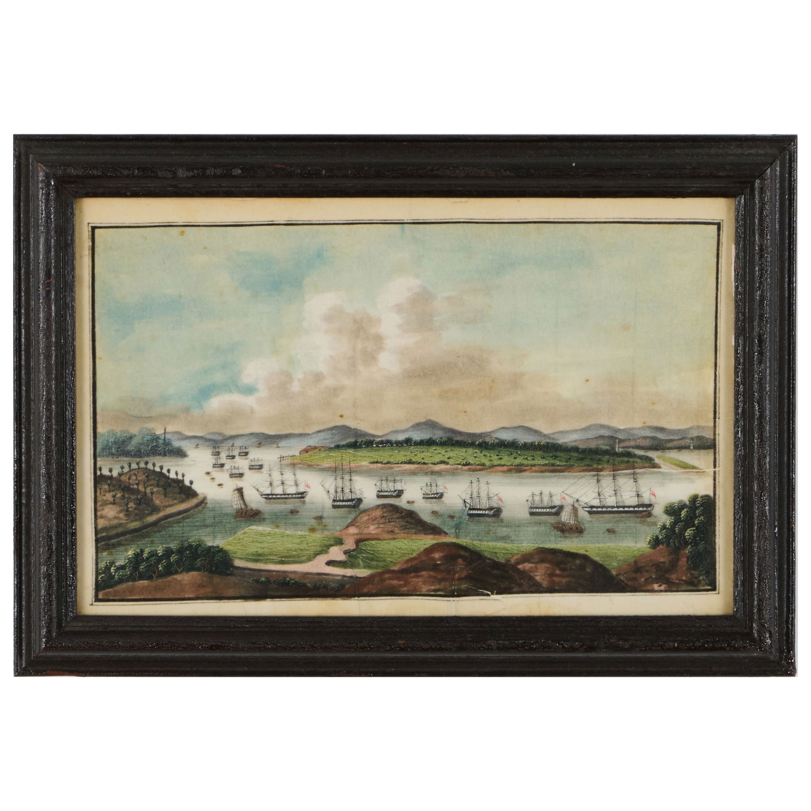 Chinese Export School: Harbor View: Chinese Export School: Harbor ViewInk and wash on thin paper.7 x 11 in. (sheet), 9 x 13 in. (frame).The Vincent Dyckman Andrus Family Collection.