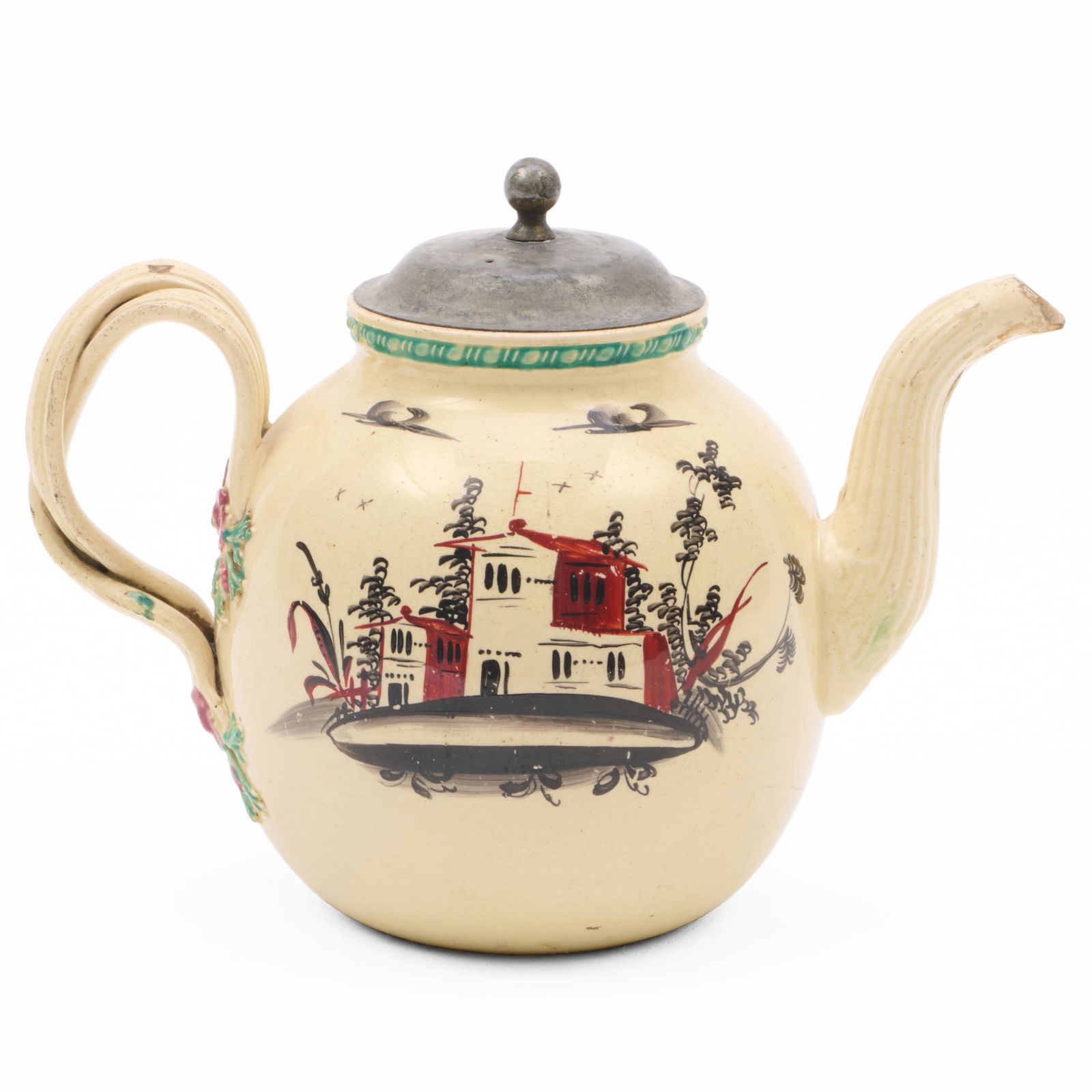 Leeds Type Creamware Teapot with a Later Pewter Cover: Leeds Type Creamware Teapot with a Later Pewter CoverUnmarked.4 3/4 x 7 x 4 in.The Vincent Dyckman Andrus Family Collection.
