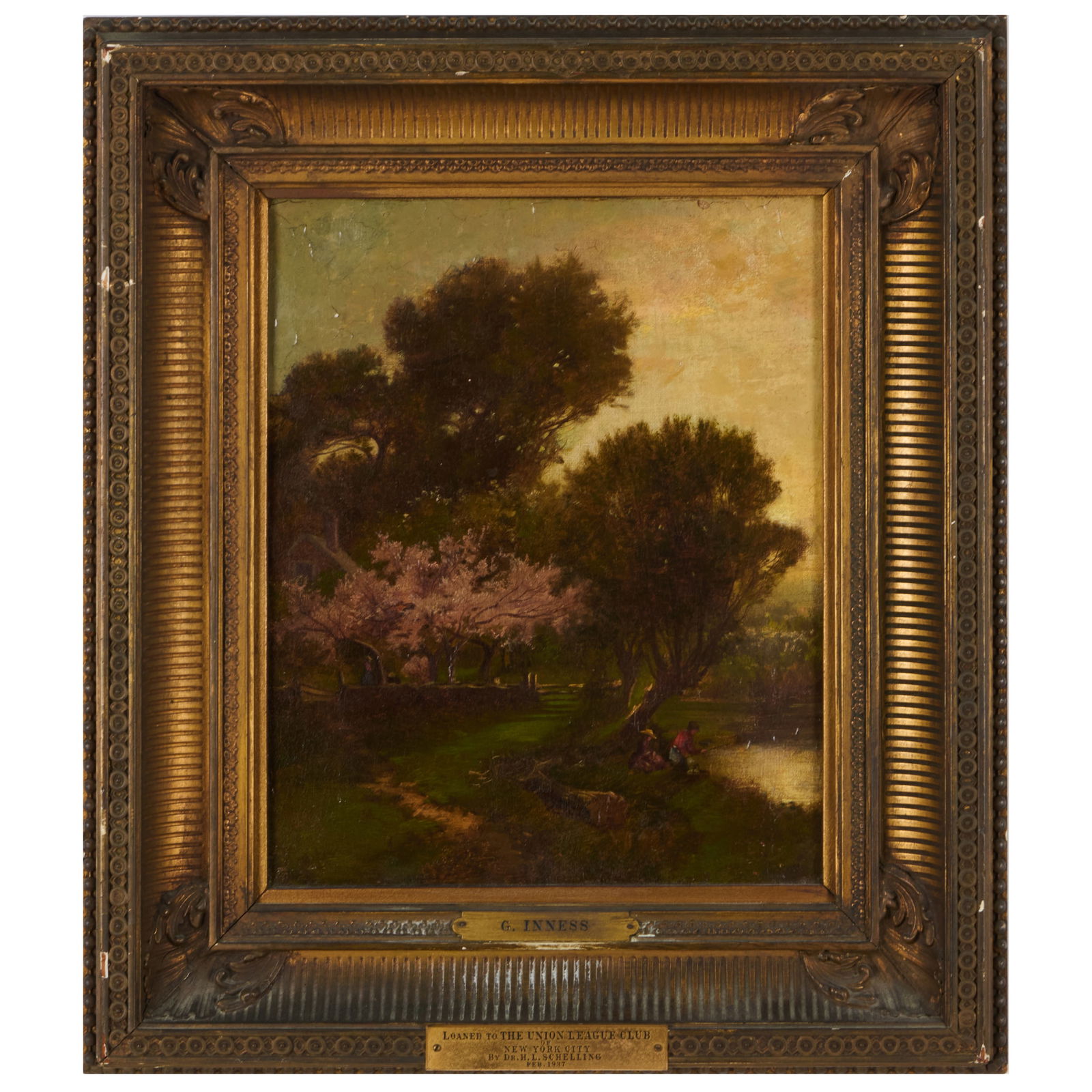 Attributed to or After George Inness (1825-1894): Streamside Landscape: Attributed to or After George Inness (1825-1894): Streamside Landscape Oil on canvas, unsigned. 12 x 10 in., 18 x 15 3/4 in. (frame). The Vincent Dyckman Andrus Family Collection.