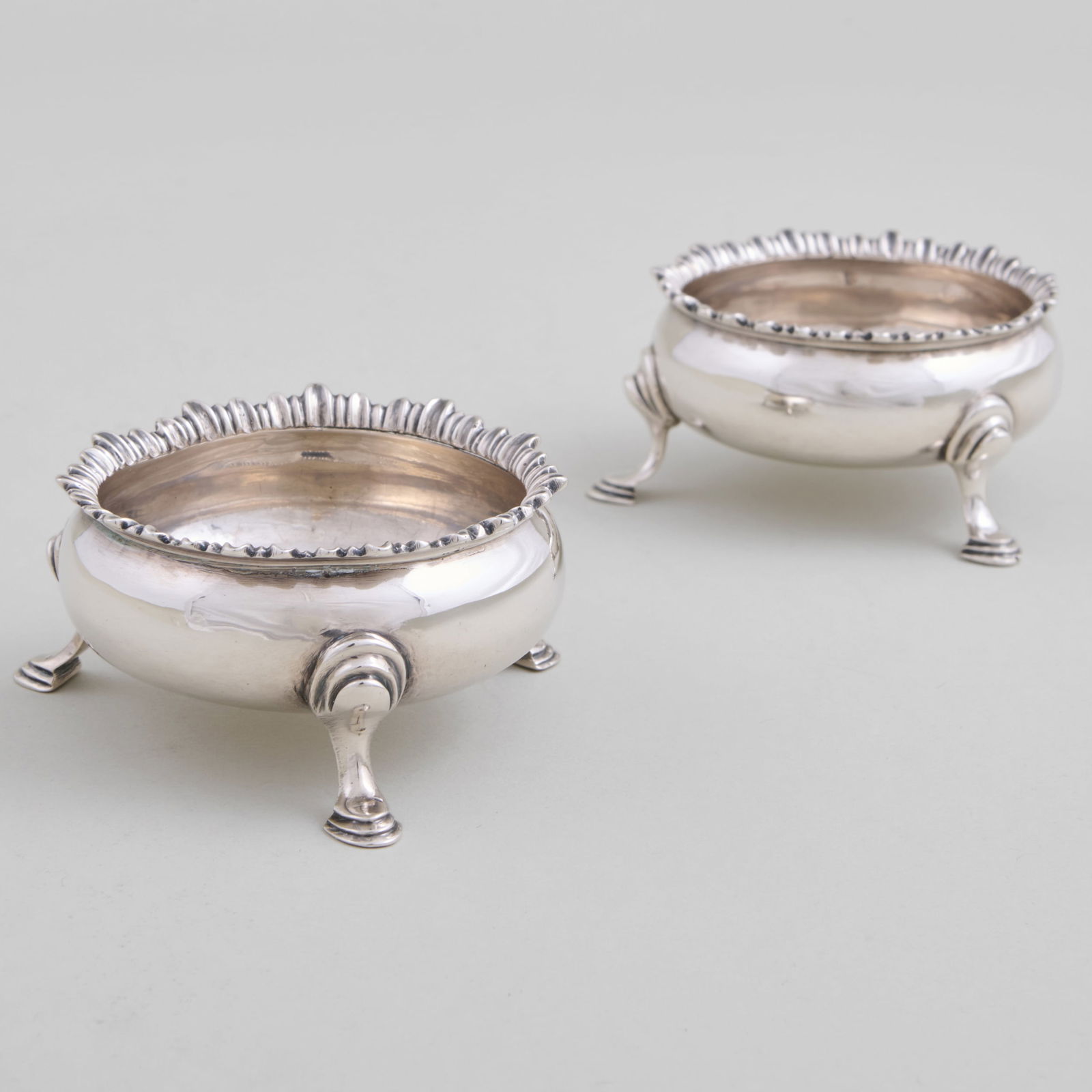 Pair of George III Silver Salt Cellars: Pair of George III Silver Salt Cellars Marked London, 1772, probably Thomas Shepherd; monogrammed 'H'. 1 3/8 x 2 3/4 x 2 3/4 in., 2.7 oz. approx. weight. The Vincent Dyckman Andrus Family Collection.
