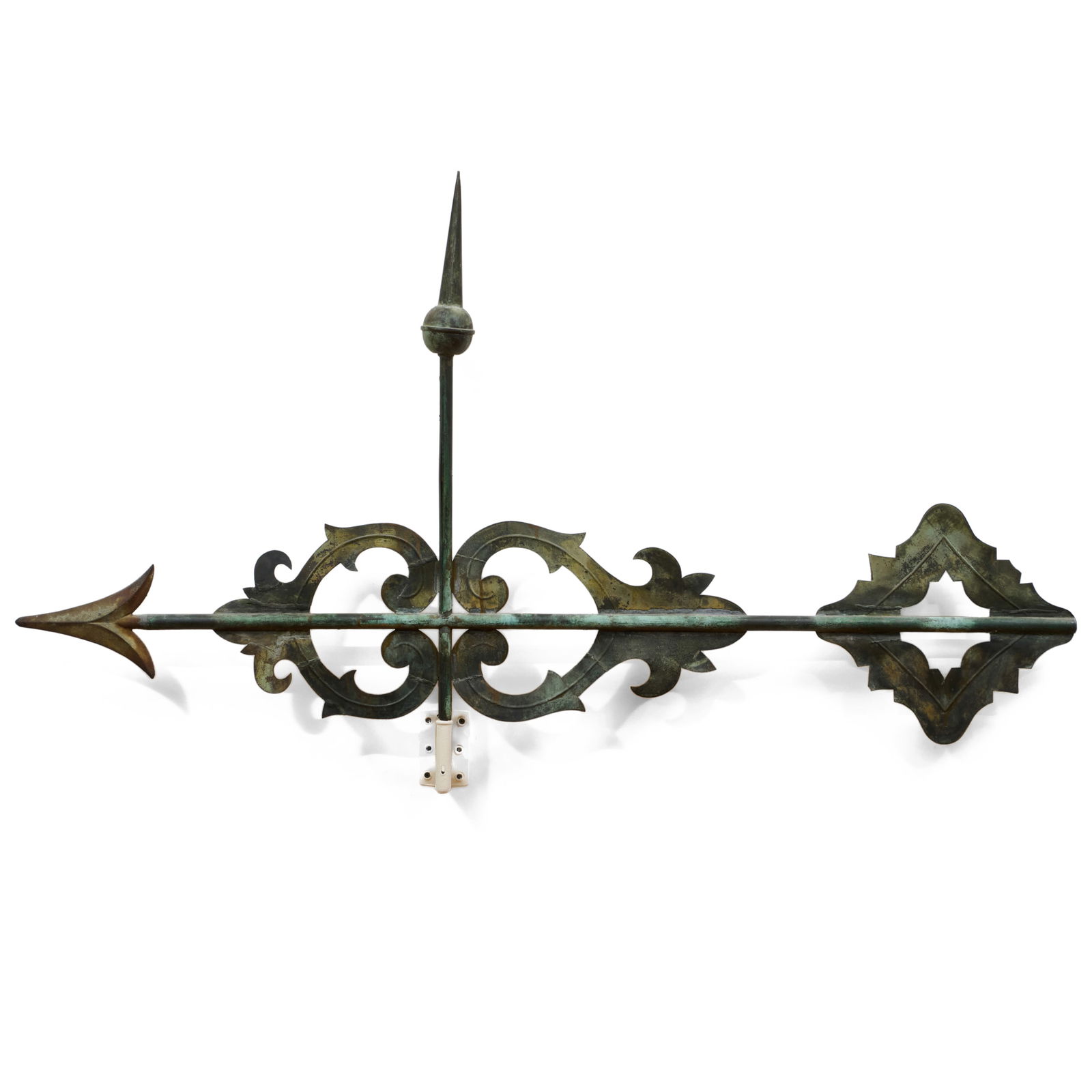 Sheet Copper and Cast Iron Banner Scroll Weathervane, Attributed to J.W. Fiske, New York: Sheet Copper and Cast Iron Banner Scroll Weathervane, Attributed to J.W. Fiske, New York With custom mounted wall hook. 31 1/2 x 6 in. For similar examples see: J.W. Fiske, Illustrated Catalogue and P