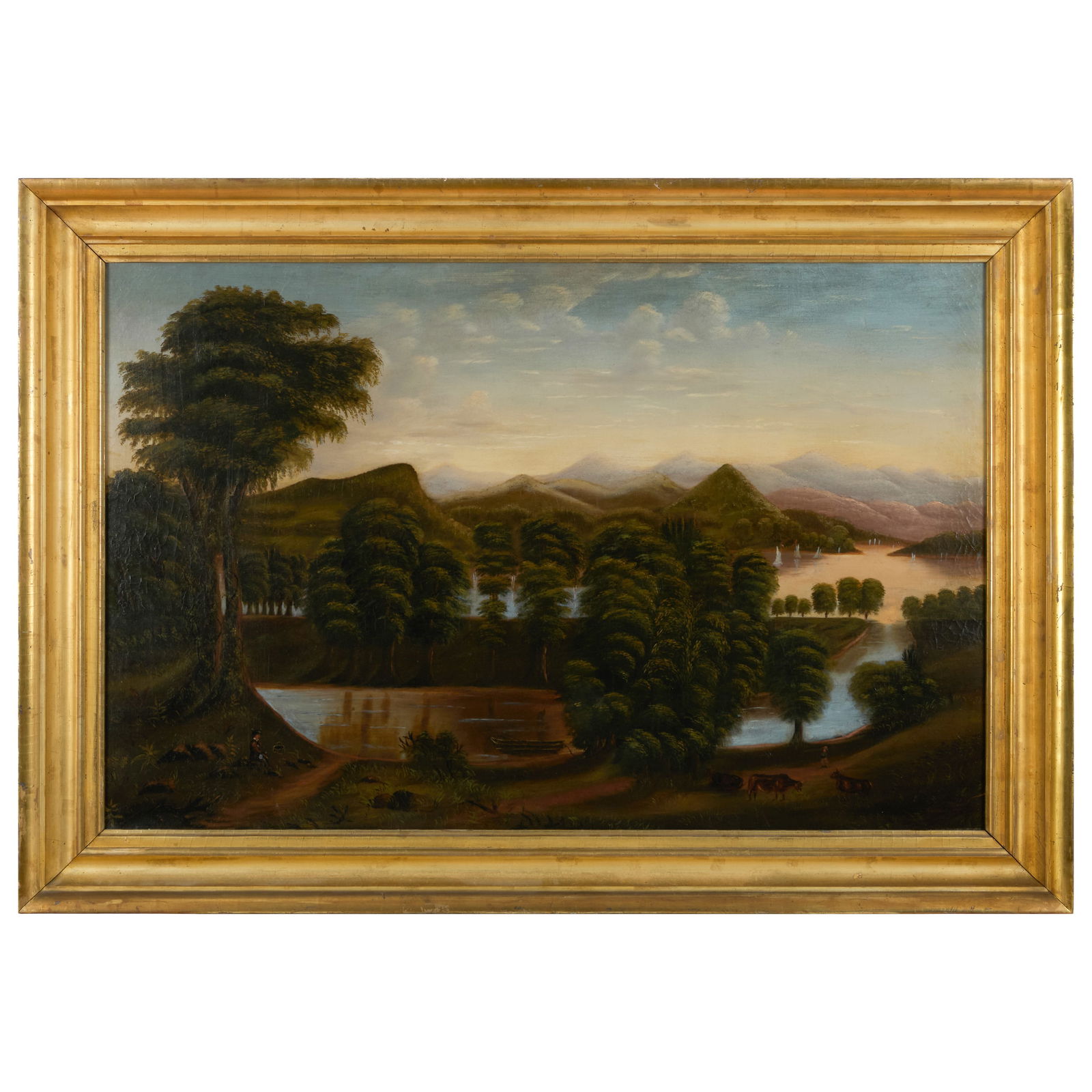 American School: River Landscape: American School: River Landscape Oil on canvas, unsigned, lined. 26 x 40 in., 33 x 46 in. (frame).
