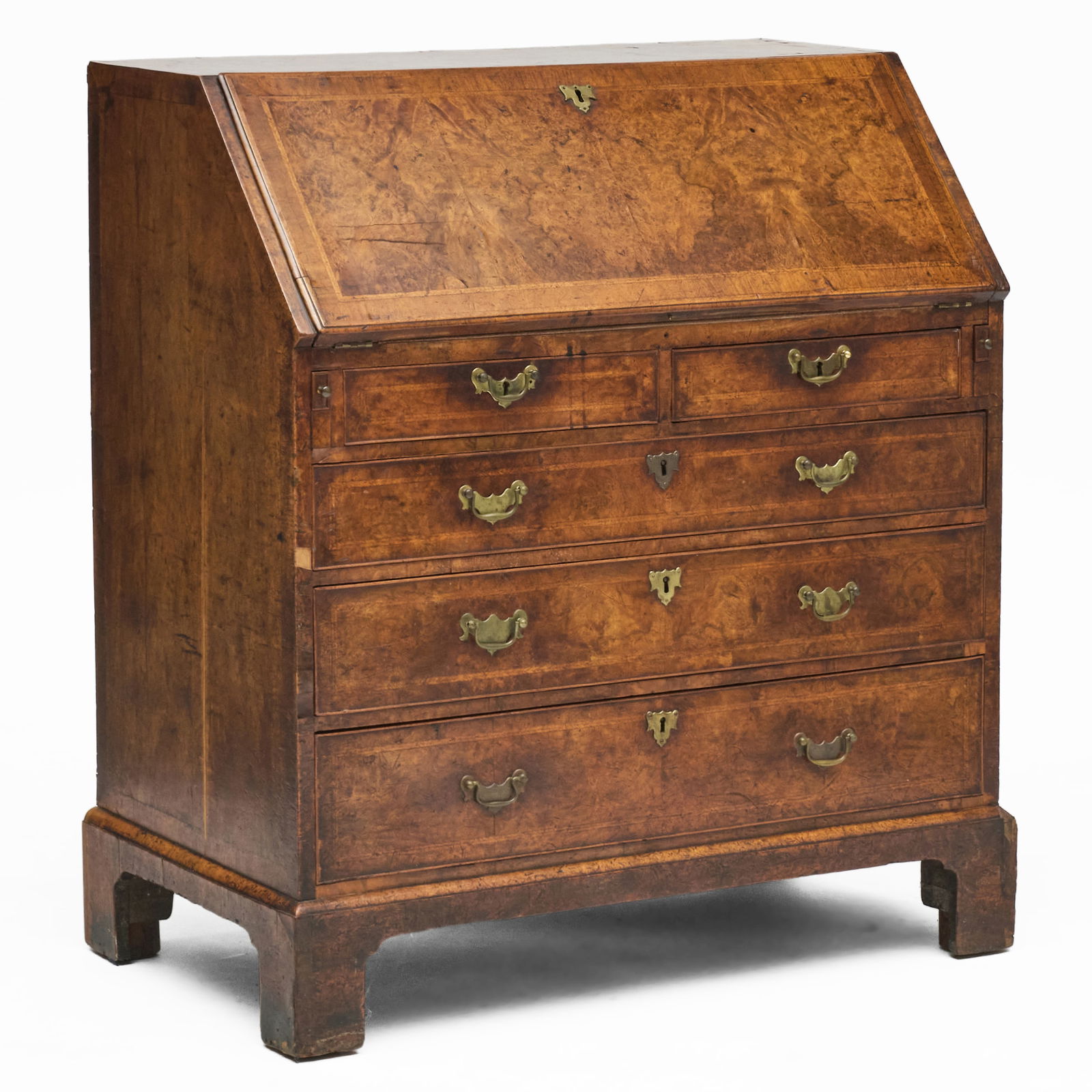 Early George III Inlaid Burl Walnut Slant-Front Desk: Early George III Inlaid Burl Walnut Slant-Front Desk Fitted with a gilt-tooled red leather writing surface. 41 3/4 x 38 1/4 x 21 3/4 in.