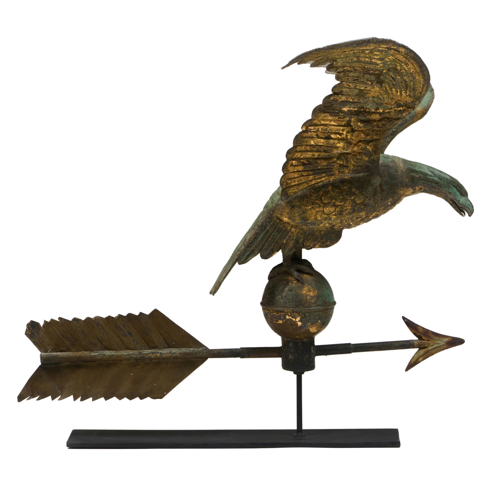 Molded Gilt Sheet Copper and Cast Iron Eagle Weathervane: Molded Gilt Sheet Copper and Cast Iron Eagle Weathervane On custom stand. The weathervane 23 1/2 x 29 x 31 in., 28 1/2 x 29 x 31 (overall). For similar examples see: J.W. Fiske, Illustrated Catalogue