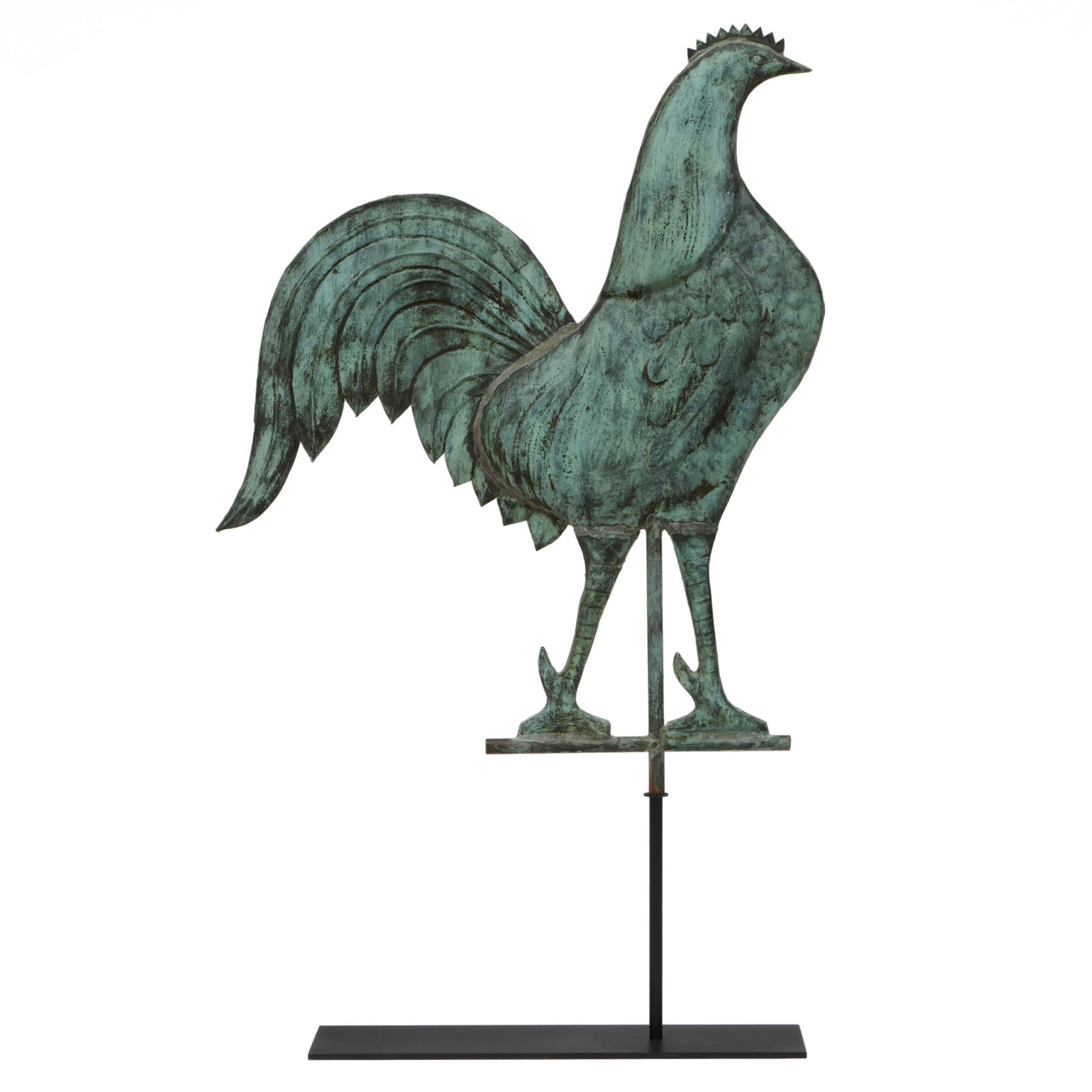 Molded Copper Gamecock Weathervane, Attributed to J.W. Fiske, NY: Molded Copper Gamecock Weathervane, Attributed to J.W. Fiske, NY On custom stand. The weathervane 31 x 25 x 3 1/2 in., 41 1/2 x 25 x 5 in. (overall). For similar examples see: J.W. Fiske, Illustrated