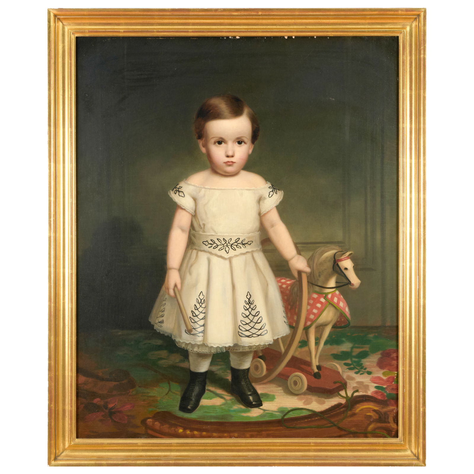 American School: Portrait of a Child with Toys: American School: Portrait of a Child with ToysOil on canvas, unsigned, with the F.B. Carleton, Brooklyn inkstamp on the reverse.37 x 29 in., 40 x 33 in. (frame).