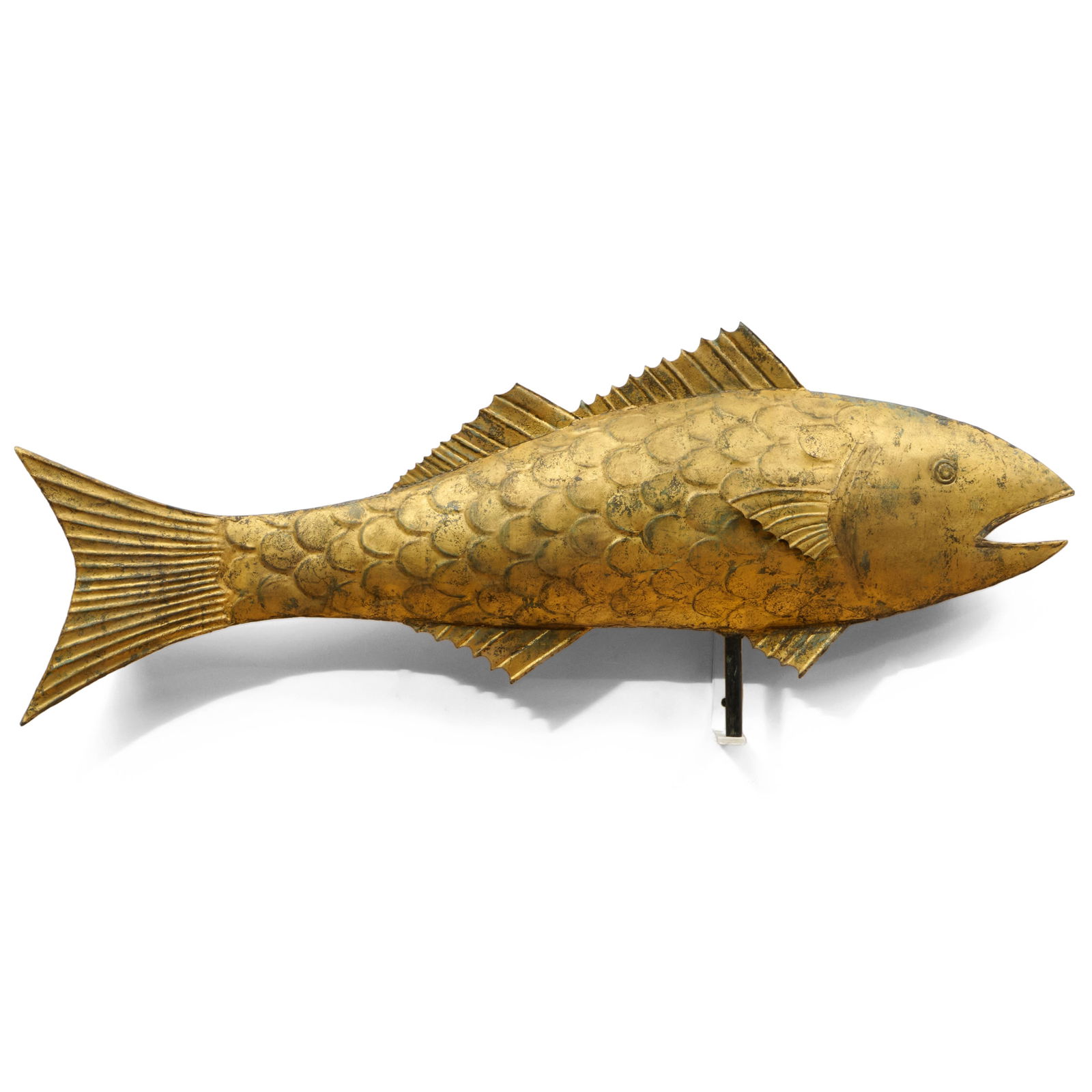 Full Bodied Gilt Sheet Copper Fish Weathervane: Full Bodied Gilt Sheet Copper Fish Weathervane Custom mounted wall hook. 13 x 37 x 4 in. Steve Miller, New York. The Collection of Sanford Smith, NY. The Collection of Robert Marcus, Palm Beach, FL. B