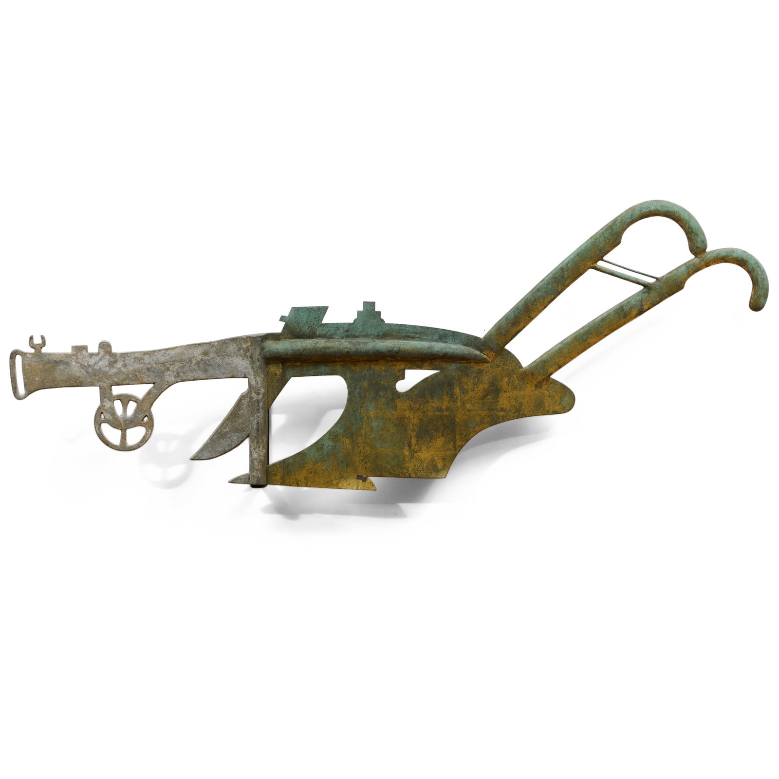 Molded Gilt Sheet Copper and Zinc Plow Weathervane: Molded Gilt Sheet Copper and Zinc Plow Weathervane Custom mounted wall hook. 19 x 51 1/2 in.