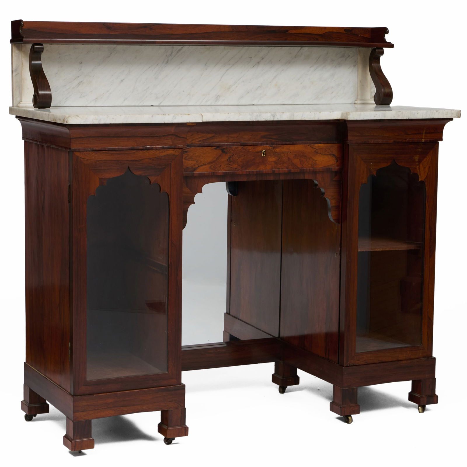 Rosewood and Marble Top Sideboard, Attributed to D. Phyfe & Son: Rosewood and Marble Top Sideboard, Attributed to D. Phyfe & Son Raised on casters and fitted with glazed doors and a mirrored back. Dims without top: 4 ft. 4 in x 4 ft. 6 1/2 in. x 22 1/4 in. Note: An