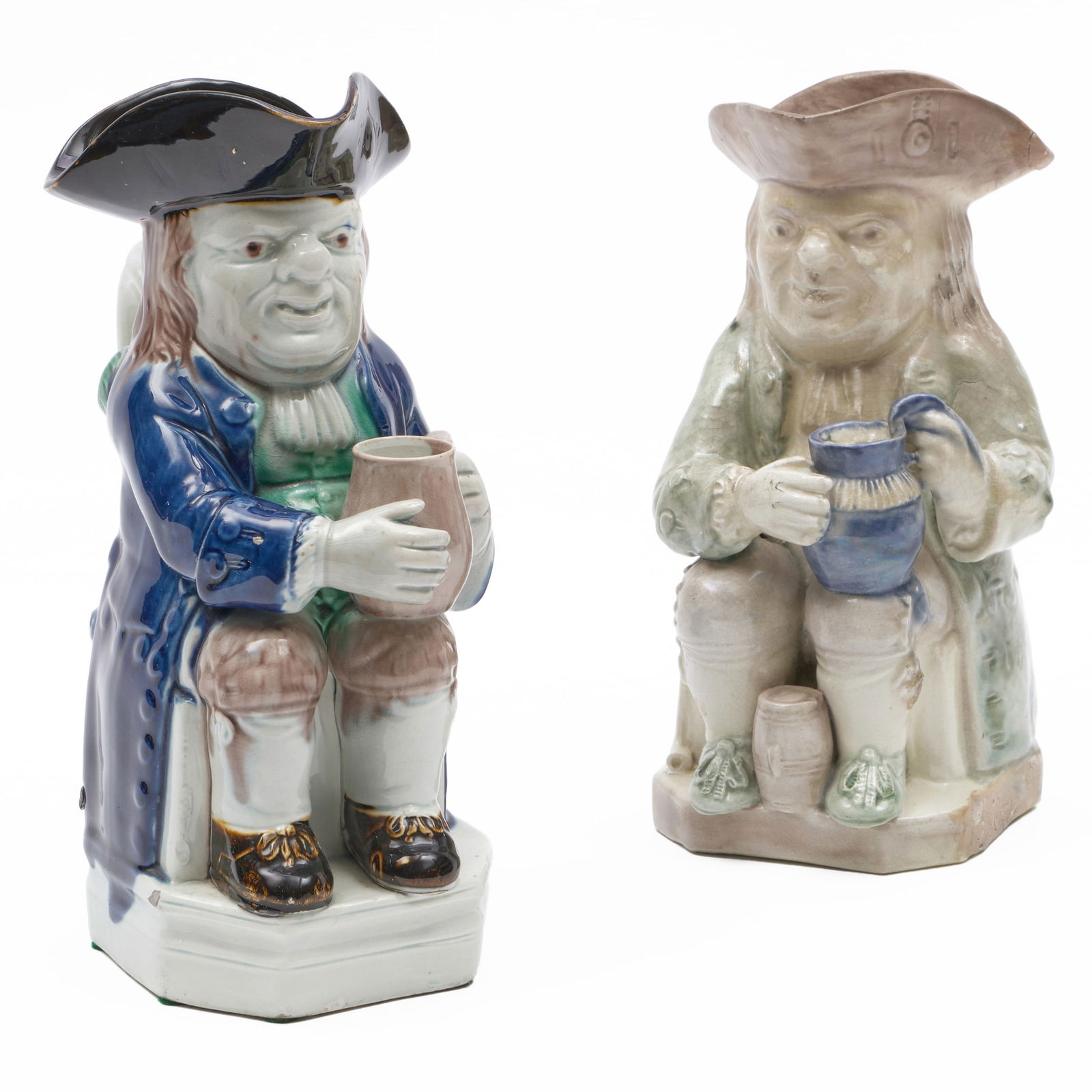 Two Staffordshire Toby Jugs: Two Staffordshire Toby JugsUnmarked.The larger 10 1/2 x 6 1/2 x 4 1/4 in.Ex-collection Electra Havemeyer Webb.Property from Mr. and Mrs. Dunbar W. Bostwick of Shelburne, VT, New York, NY, and Aiken,