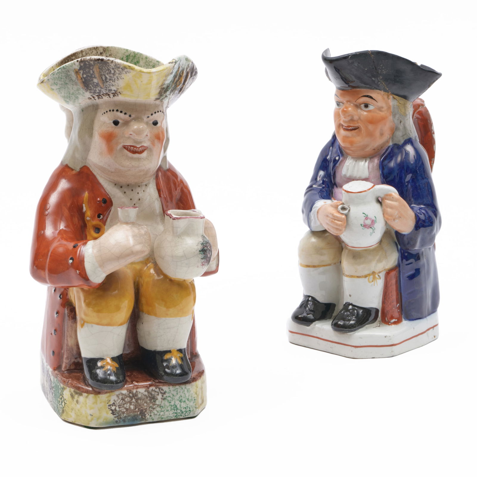 Two Staffordshire Toby Jugs: Two Staffordshire Toby JugsUnmarked.The larger 10 x 6 1/2 x 5 1/4 in.Ex-collection Electra Havemeyer Webb.Property from Mr. and Mrs. Dunbar W. Bostwick of Shelburne, VT, New York, NY, and Aiken, SC,