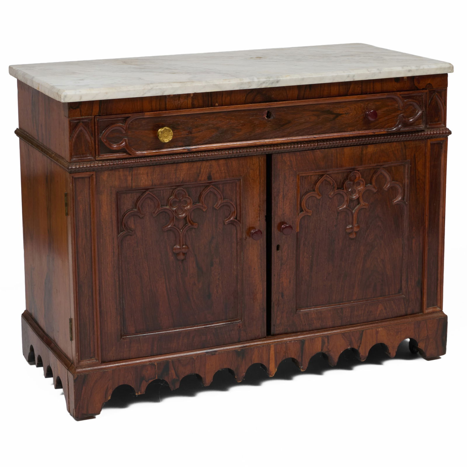 Small Gothic Revival Rosewood Marble Top Cabinet: Small Gothic Revival Rosewood Marble Top CabinetFitted with one upper drawer and three compartments on the cabinet interior. 29 x 18 1/2 x 36 1/2 in.Collection of Beverly & Richard Kelly.