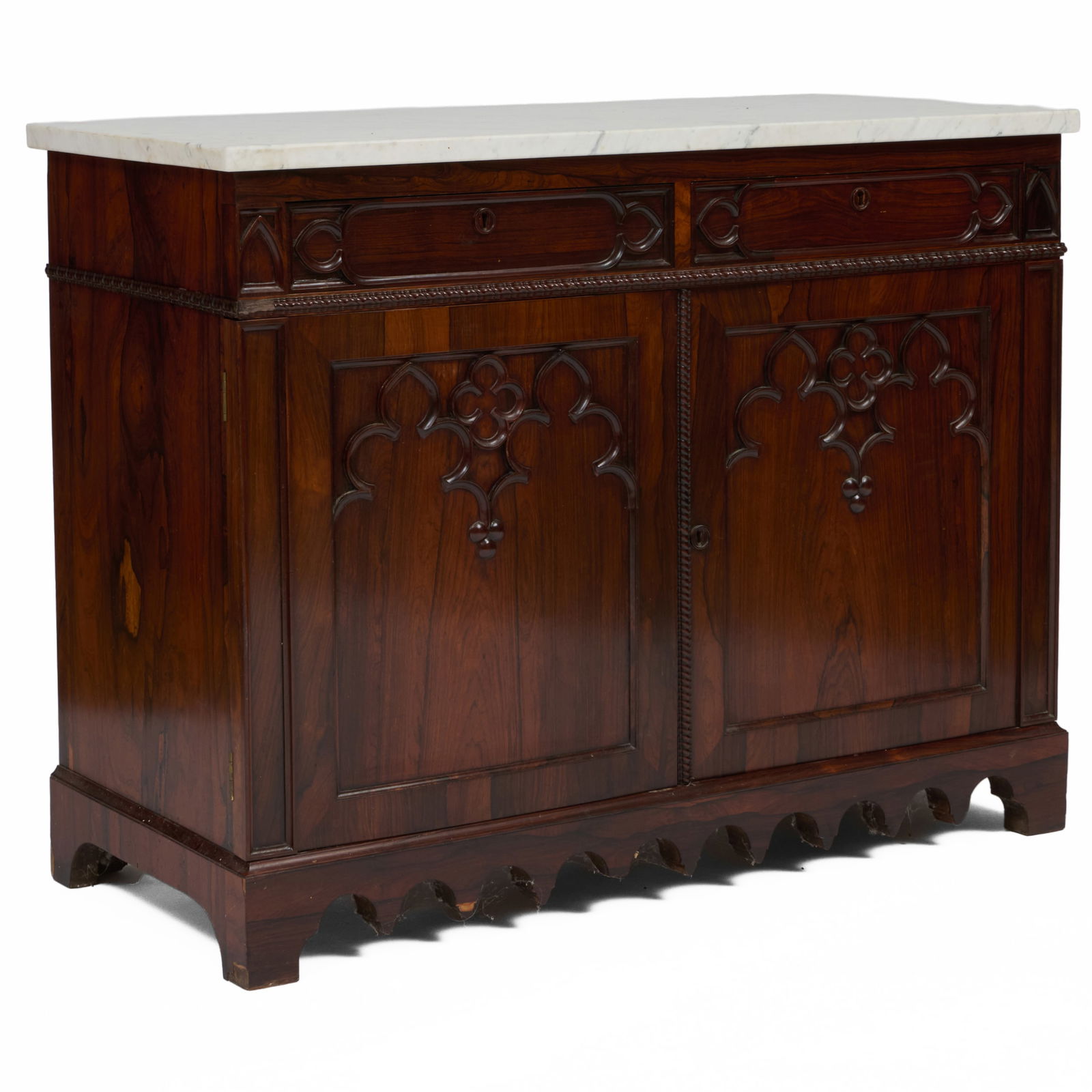Large Gothic Revival Rosewood Marble Top Cabinet: Large Gothic Revival Rosewood Marble Top CabinetFitted with two exterior drawers, and three open drawers on the cabinet interior. 35 x 45 x 25 in.Collection of Beverly & Richard Kelly.