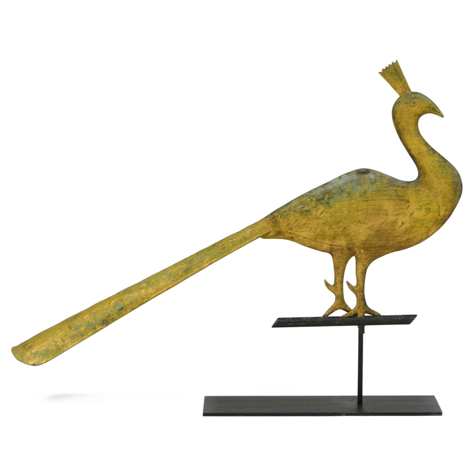 Full Bodied Gilt Sheet Copper Peacock Weathervane: Full Bodied Gilt Sheet Copper Peacock Weathervane On custom stand. The weathervane 20 1/2 x 33 1/2 x 5 1/2 in., 27 x 33 1/2 x 6 in. (overall). By repute: Kennedy Galleries, New York. The Collection of