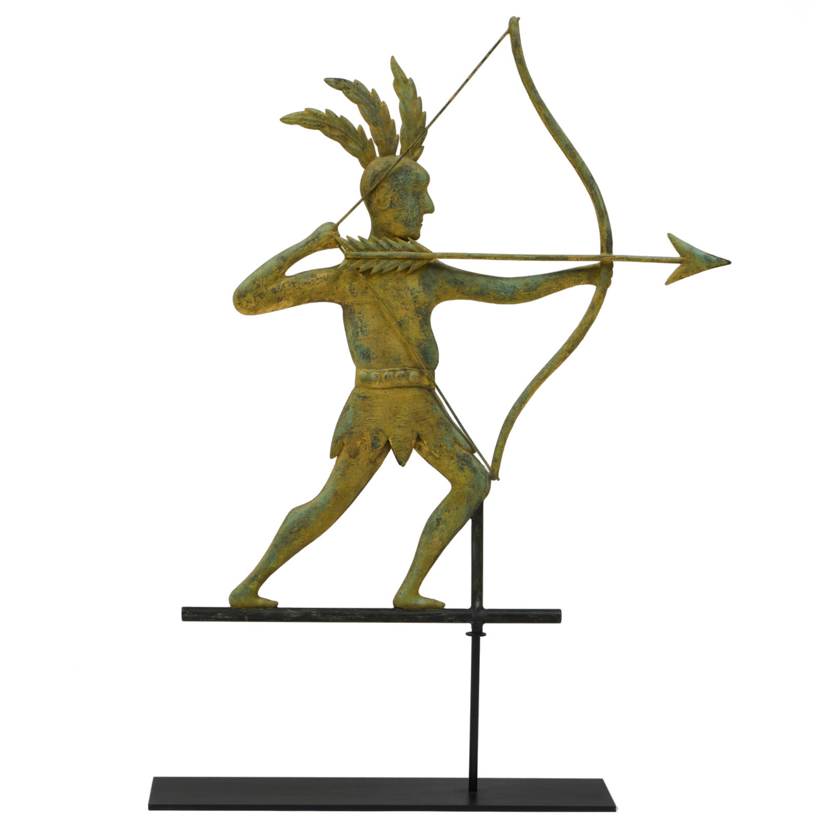 Molded Gilt Sheet Copper Nipmuck Indian Weathervane: Molded Gilt Sheet Copper Nipmuck Indian Weathervane On custom stand. The weathervane 26 1/2 x 24 x 1 1/2 in., 33 1/2 x 24 x 5 in. (overall).