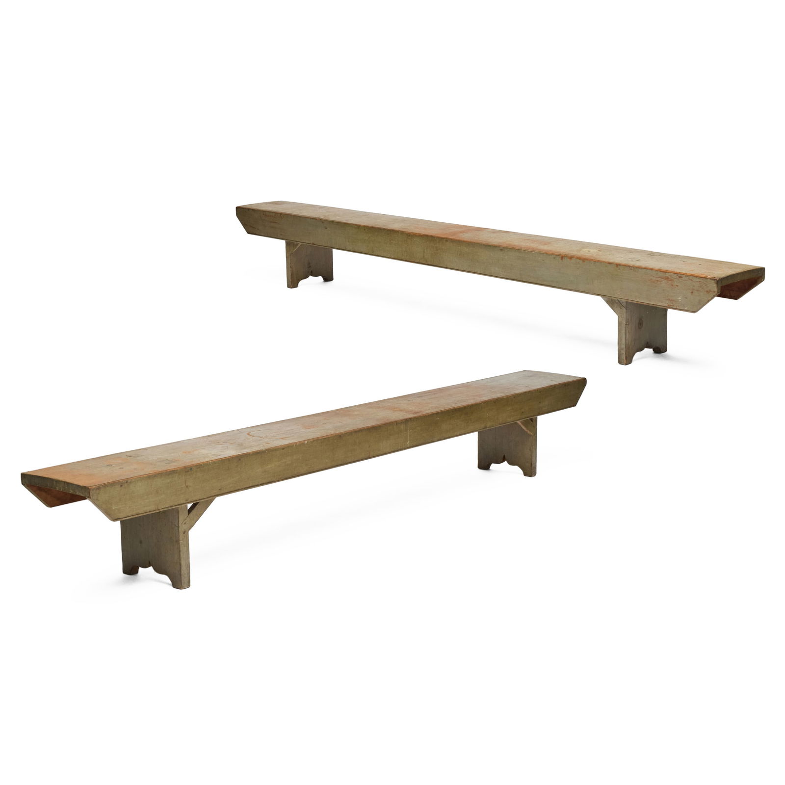 Pair of Green Painted Pine Meetinghouse Benches: Pair of Green Painted Pine Meetinghouse Benches17 1/2 x 10 ft. 11 x 14 1/2 in.The Collection of Joel Shapiro.
