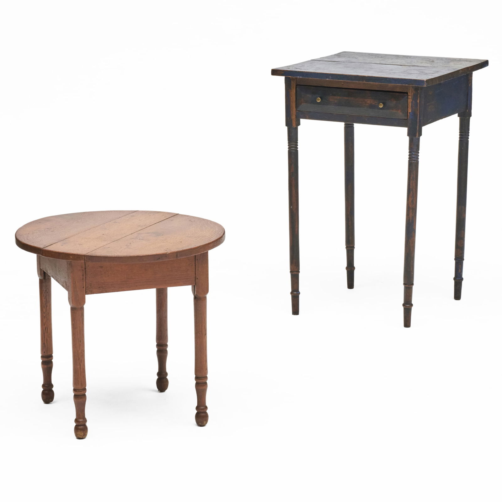 Two Small Wood Side Tables: Two Small Wood Side Tables Comprising a small blue painted single-drawer stand, together with a low oak side table. Blue painted table 28 1/2 x 18 1/2 x 19 in. Circular table 18 x 20 in. diam. The Col