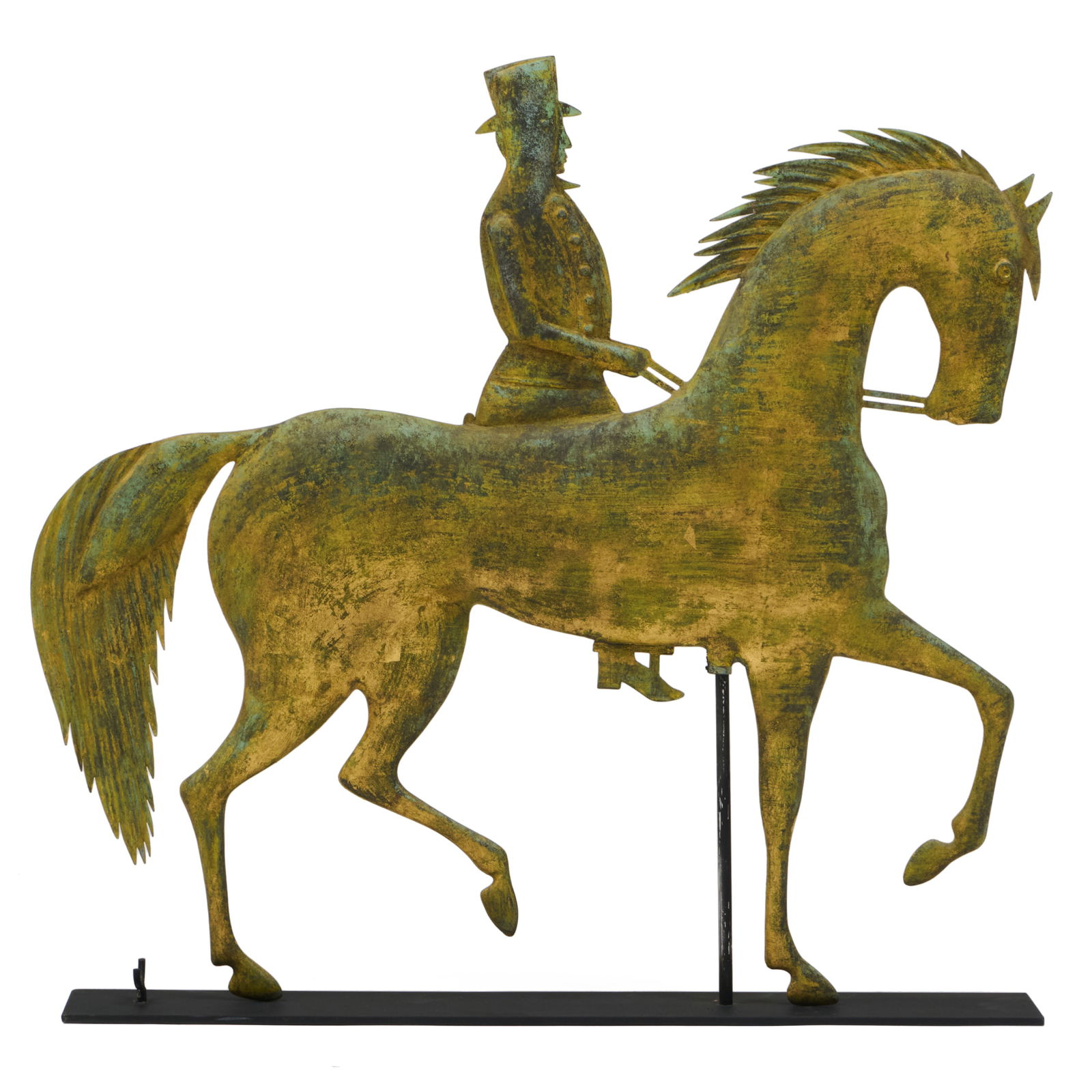 Molded Gilt Sheet Copper Horse and Rider Weathervane: Molded Gilt Sheet Copper Horse and Rider Weathervane On custom stand. The weathervane 26 x 27 x 2 in., 26 x 27 x 4 in. (overall). By repute, the Estate of Geoffrey Getman, Rockland, ME.