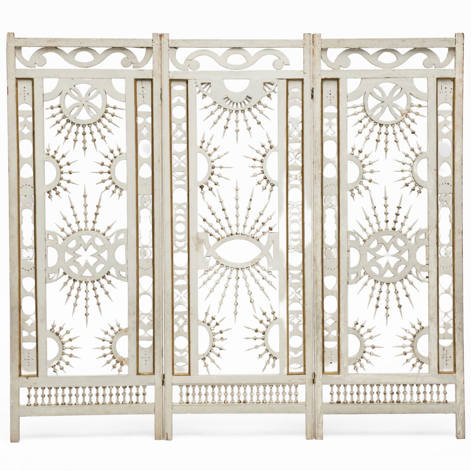 White Painted Stick and Ball Three-Panel Floor Screen: White Painted Stick and Ball Three-Panel Floor ScreenFitted with hardware for mounting on a wall.Each panel 5 ft. 4 x 24 in.