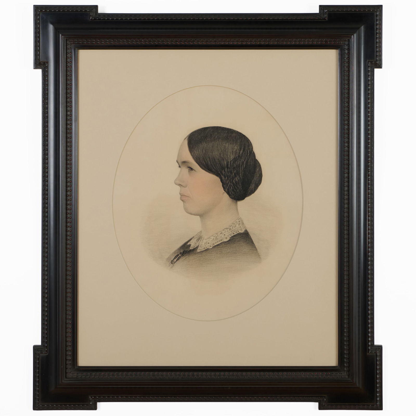 American School: Three Portraits: American School: Three PortraitsThree three chalk on gray paper, all unsigned.23 1/2 x 19 1/8 in. (sheet, oval), 33 5/8 x 29 1/8 in. (frame), two 20 3/4 x 16 3/4 in. (sight, oval), 37 x 31 1/2 in.