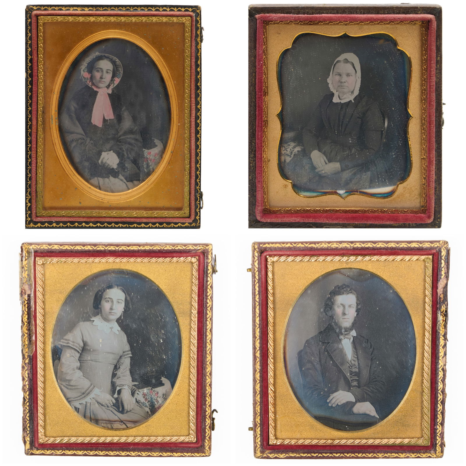 American School: Group of Four Daguerreotypes: American School: Group of Four Daguerreotypes Four daguerreotypes, two framed together, all in tooled leather velvet-lined cases. Largest 3 1/2 x 2 3/8 in. (oval), three 2 1/2 x 2 in. (two oval, one r