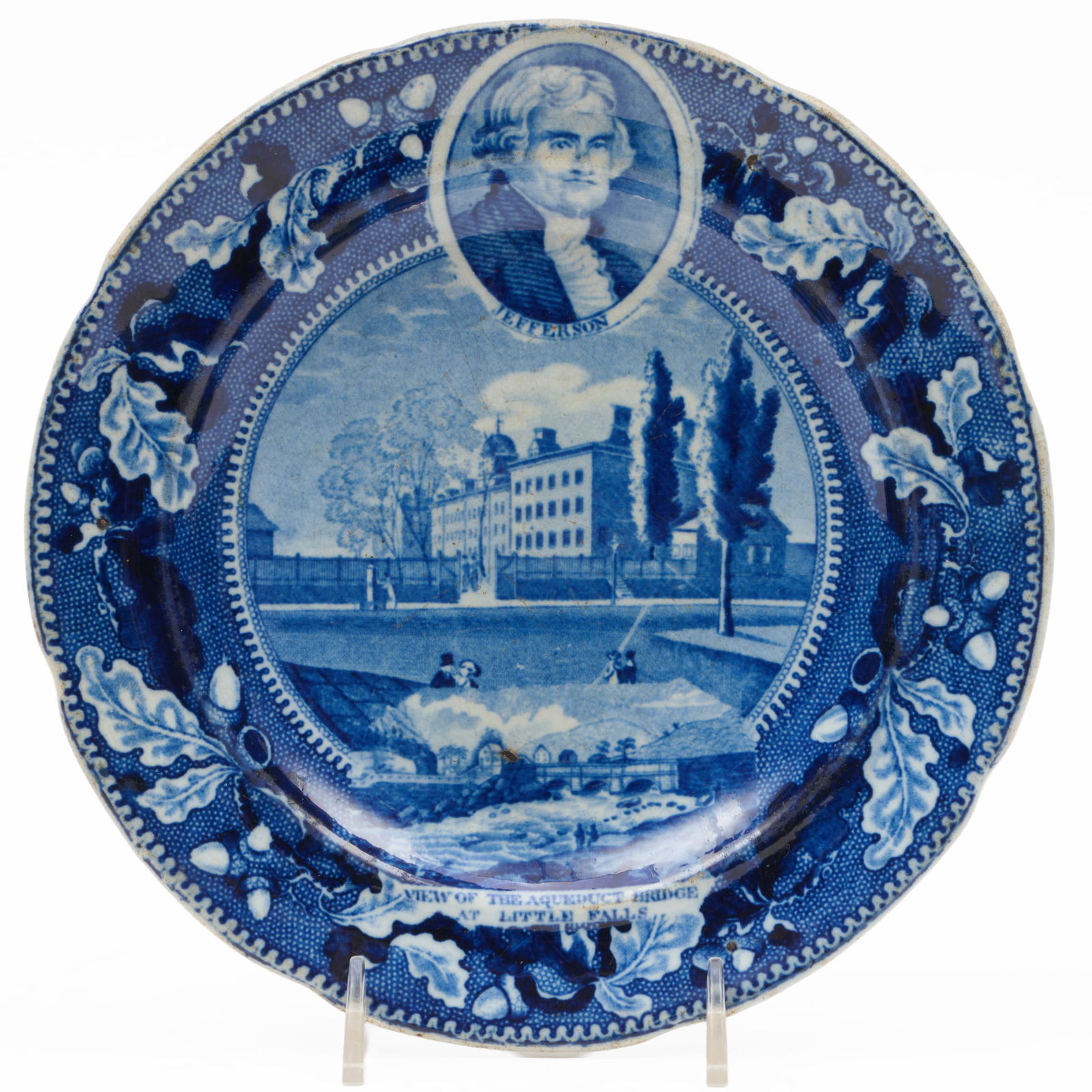 Stevenson and Williams Staffordshire Plate with 'Jefferson above Columbia College' with inset 'View: Stevenson and Williams Staffordshire Plate with 'Jefferson above Columbia College' with inset 'View of the Aqueduct Bridge at Little Falls'Unmarked.7 1/2 in. diam.The Miller Family Collection,