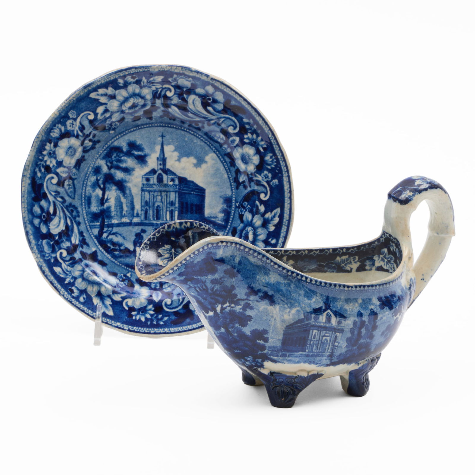 Stevenson Staffordshire 'St. Patrick's Cathedral New York' Plate and a Sauce Boat: Stevenson Staffordshire 'St. Patrick's Cathedral New York' Plate and a Sauce BoatThe plate with impressed mark, each with blue printed mark.The plate 6 1/4 in. diam., the sauce boat 4 1/2 x 7 1/2 x 3