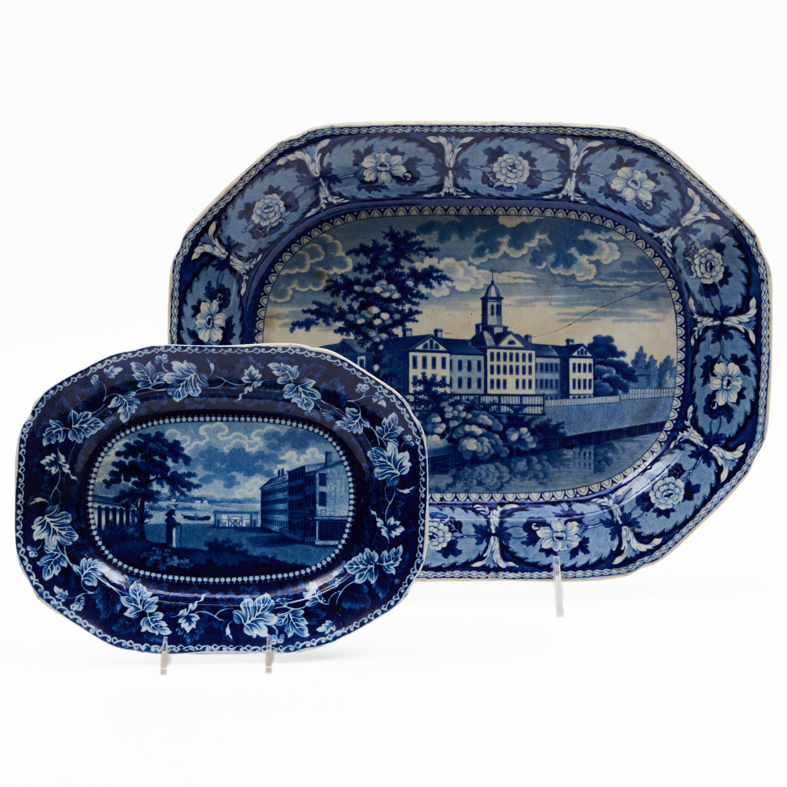 Ridgway Staffordshire 'Alms House New York' from the 'Beauties of America' Series and a 'Brooklyn: Ridgway Staffordshire 'Alms House New York' from the 'Beauties of America' Series and a 'Brooklyn Ferry' Platter Blue printed marks. The 'Alms House New York' platter 12 3/4 x 16 3/4 in., the 'Brookly