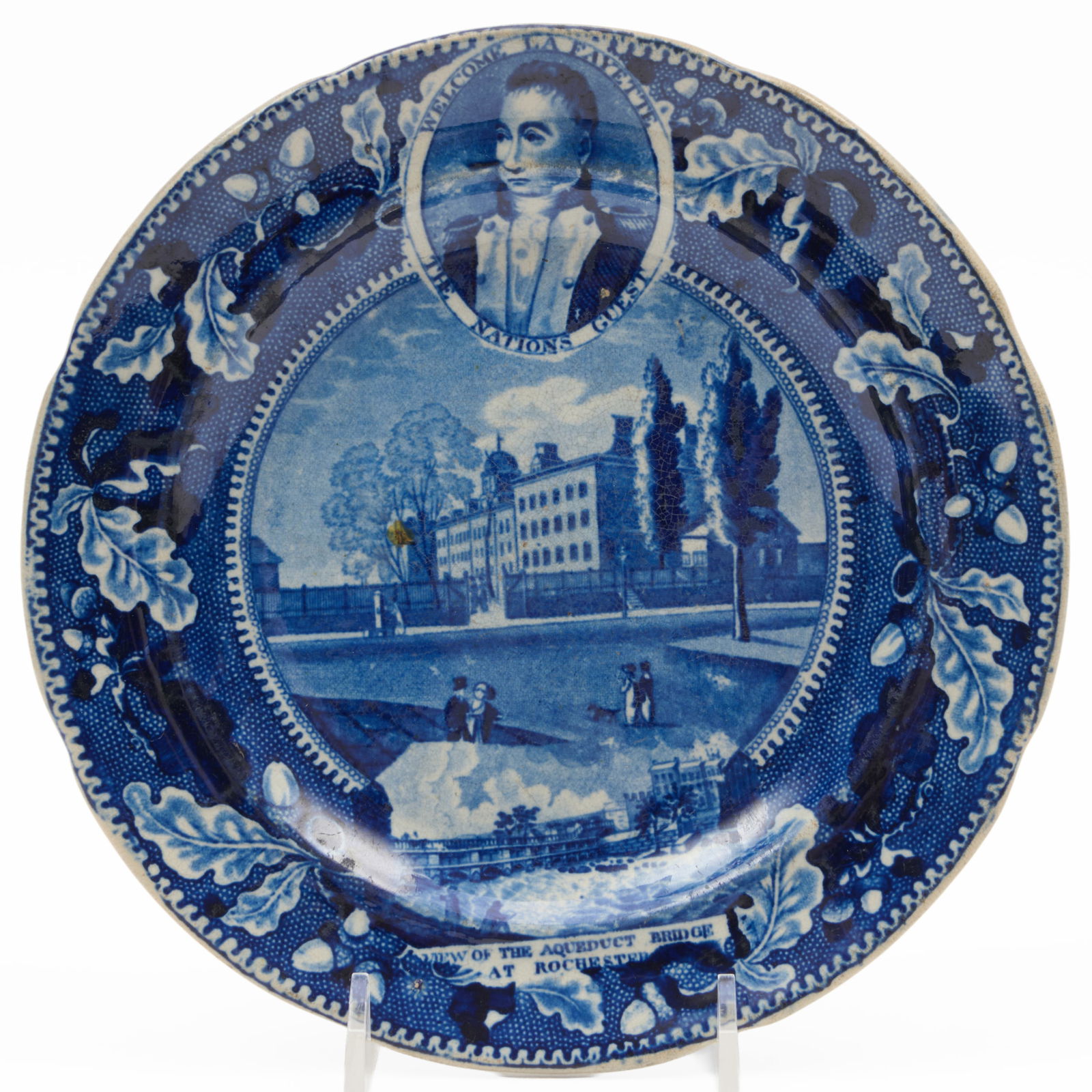 Stevenson and Williams Staffordshire Plate with 'Lafayette above Columbia College' with inset 'View: Stevenson and Williams Staffordshire Plate with 'Lafayette above Columbia College' with inset 'View of the Aqueduct Bridge at Rochester' Unmarked. 7 1/2 in. diam. The Miller Family Collection, Pittsfi