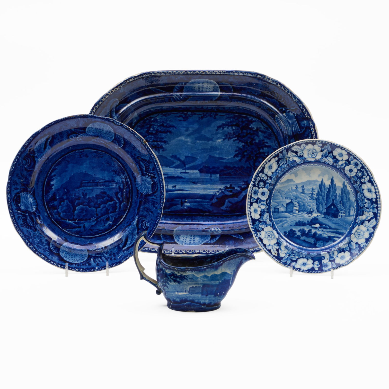 Group of Historical Staffordshire Relating to Upstate New York: Group of Historical Staffordshire Relating to Upstate New York Comprising: An Enoch Wood Staffordshire 'Lake George State of New York' platter, blue printed and impressed marks A 'Pine Orchard House C