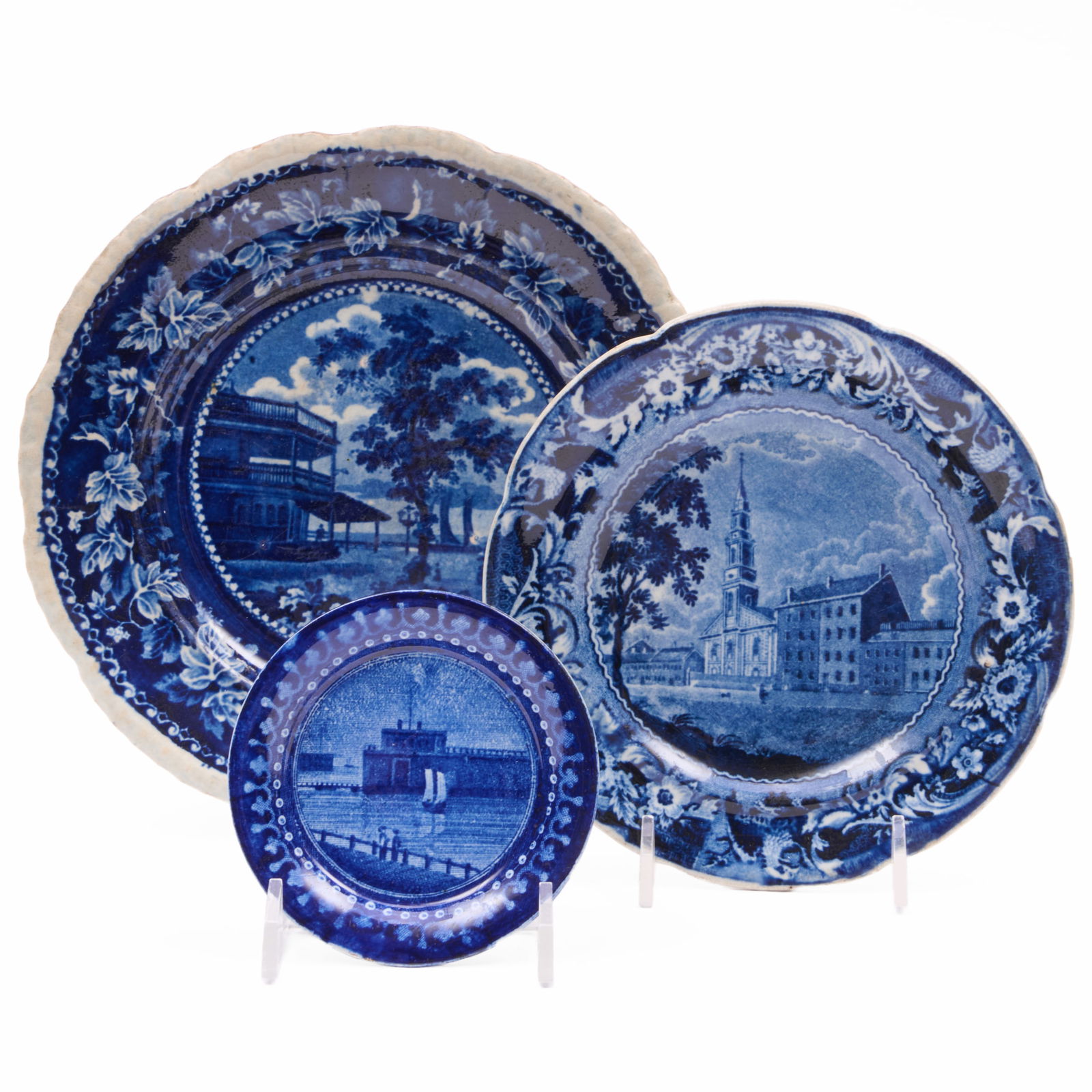 Group of Three Historical Staffordshire Plates Relating to New York: Group of Three Historical Staffordshire Plates Relating to New York Comprising: A Stubbs Staffordshire 'Church in the City of New York' plate, blue printed mark A Stevenson 'New York Battery' plate, b