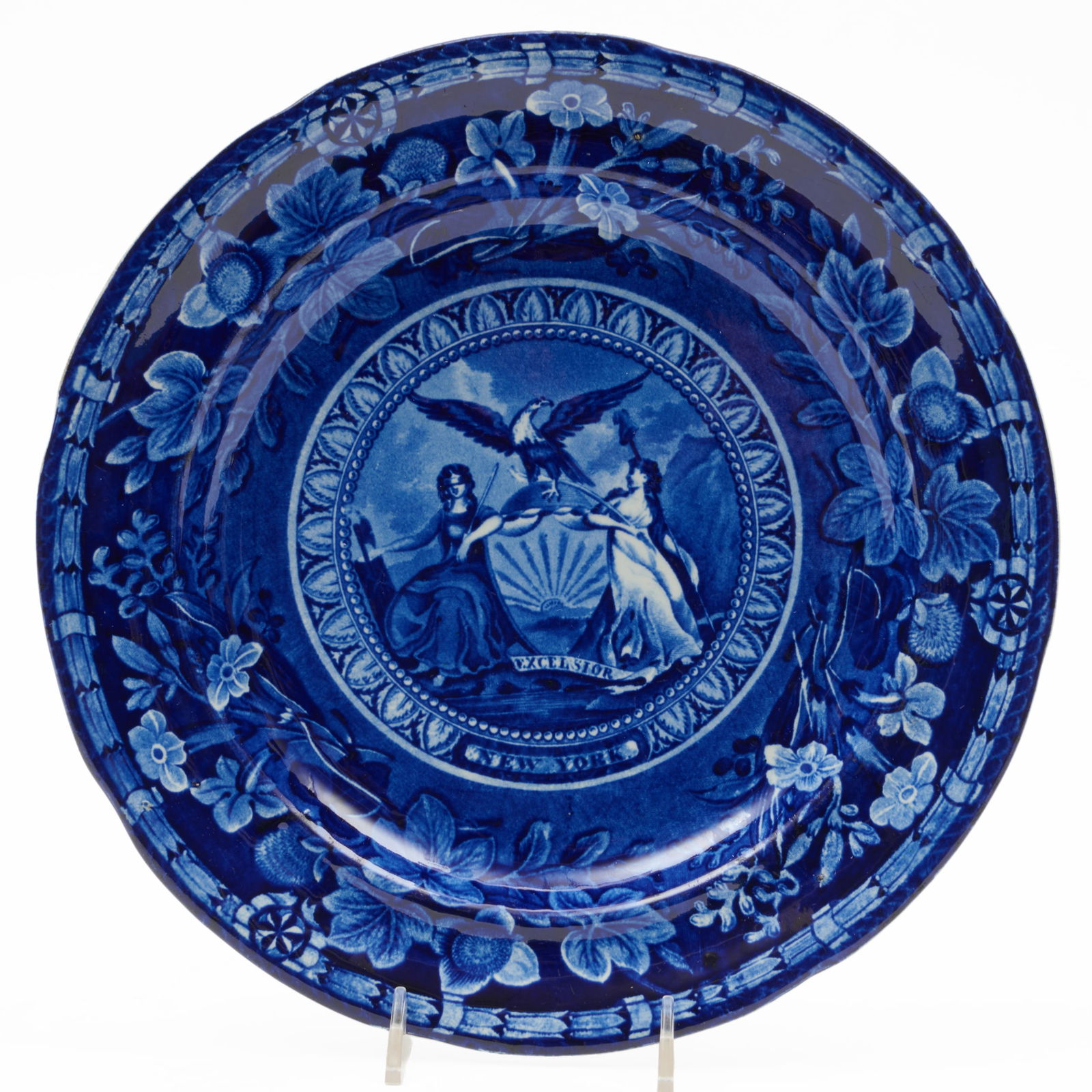 Thomas Mayer Staffordshire 'Arms of New York' Plate: Thomas Mayer Staffordshire 'Arms of New York' Plate Blue printed mark. 10 in. diam. The Miller Family Collection, Pittsfield, MA.