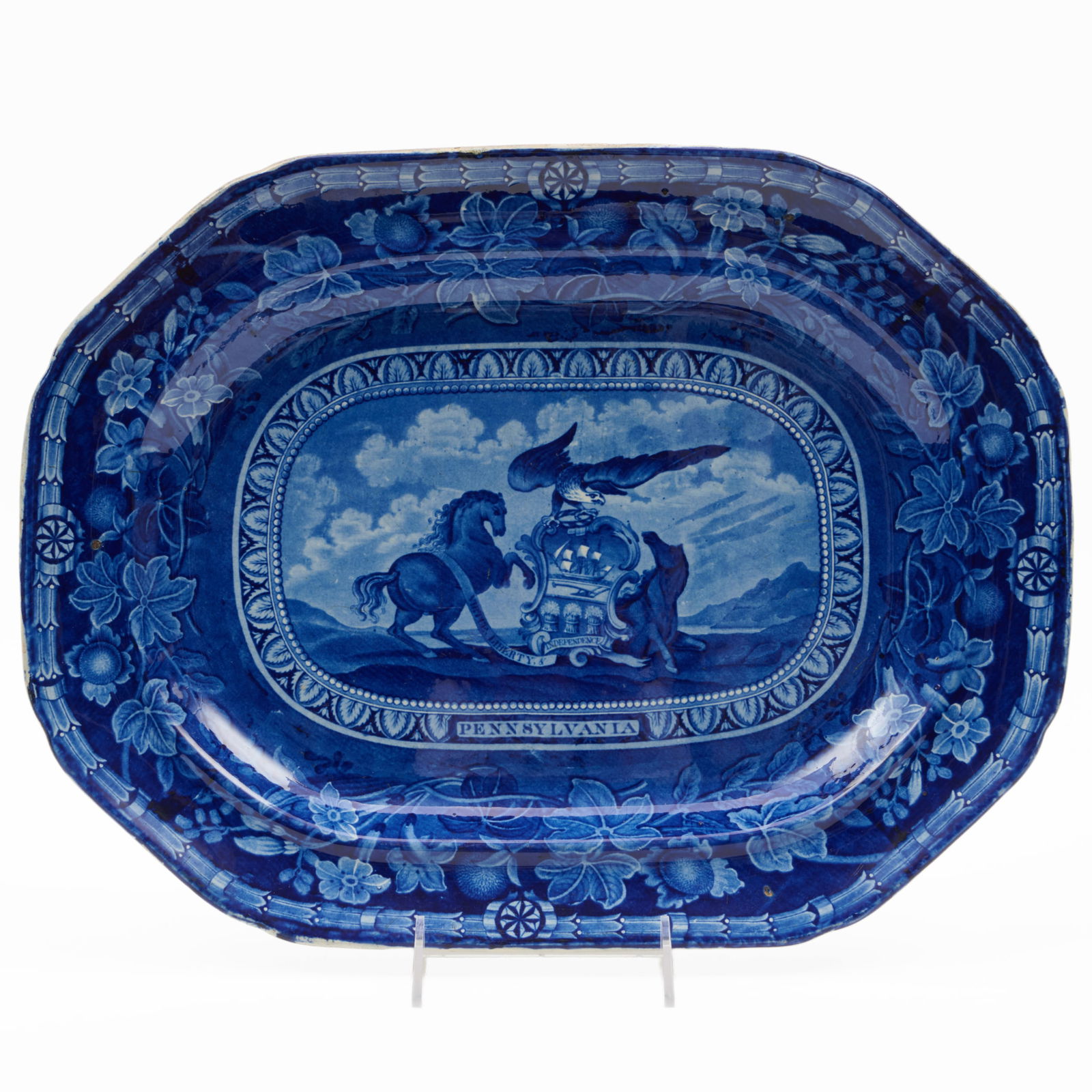 Thomas Mayer Staffordshire 'Arms of Pennsylvania' Platter: Thomas Mayer Staffordshire 'Arms of Pennsylvania' Platter Blue printed mark. 16 x 20 3/4 in. The Miller Family Collection, Pittsfield, MA.