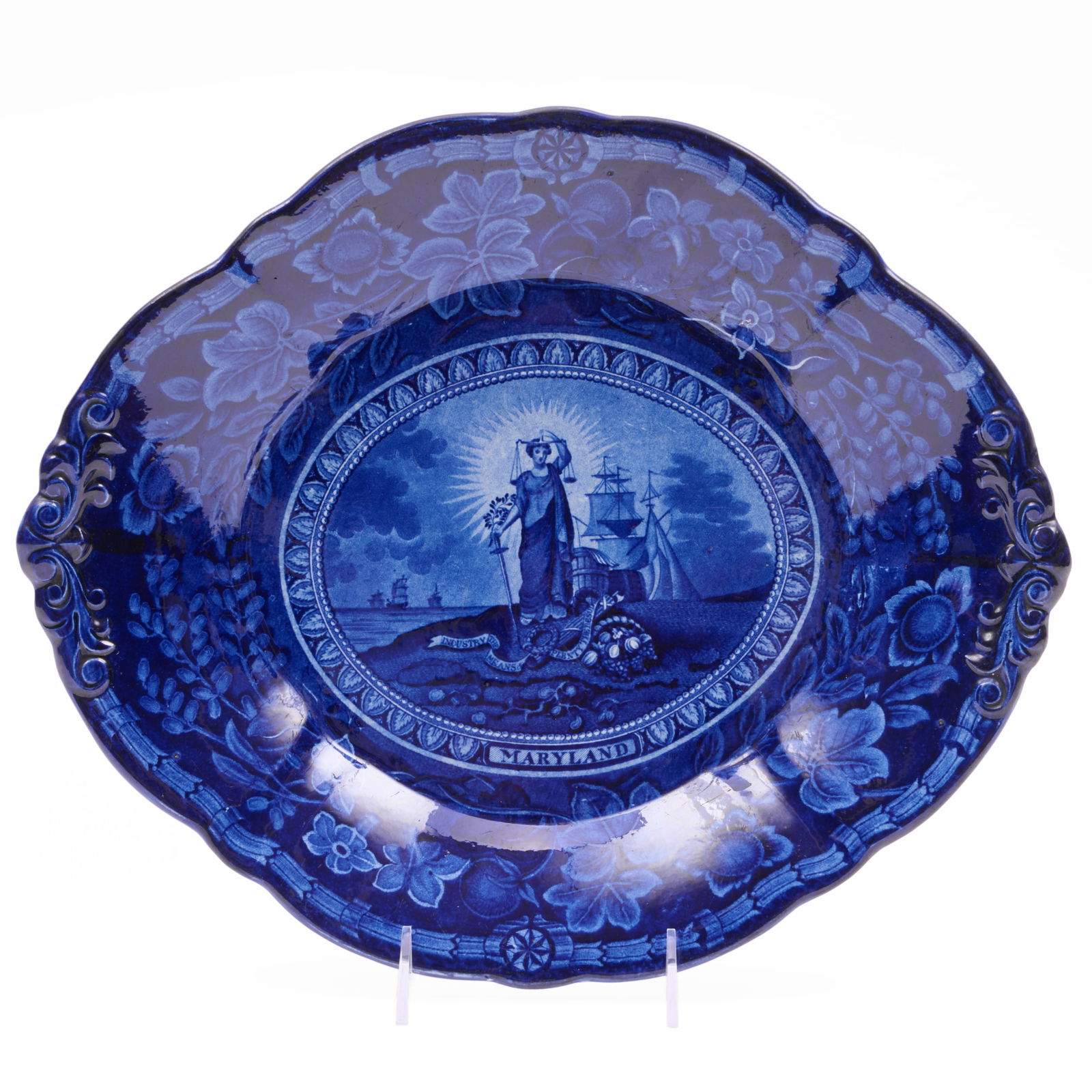 Thomas Mayer Staffordshire 'Arms of Maryland' Stand: Thomas Mayer Staffordshire 'Arms of Maryland' Stand Blue printed and impressed mark. 12 1/4 x 15 in. The Miller Family Collection, Pittsfield, MA.