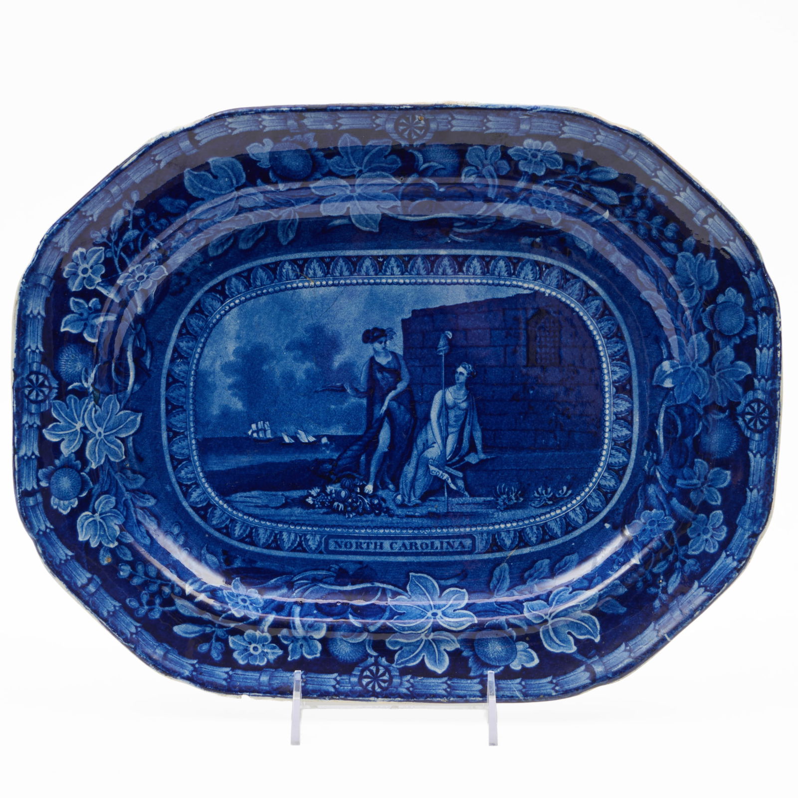 Thomas Mayer Staffordshire 'Arms of North Carolina' Platter: Thomas Mayer Staffordshire 'Arms of North Carolina' Platter Blue printed mark. 11 1/2 x 14 3/4 in. The Miller Family Collection, Pittsfield, MA.