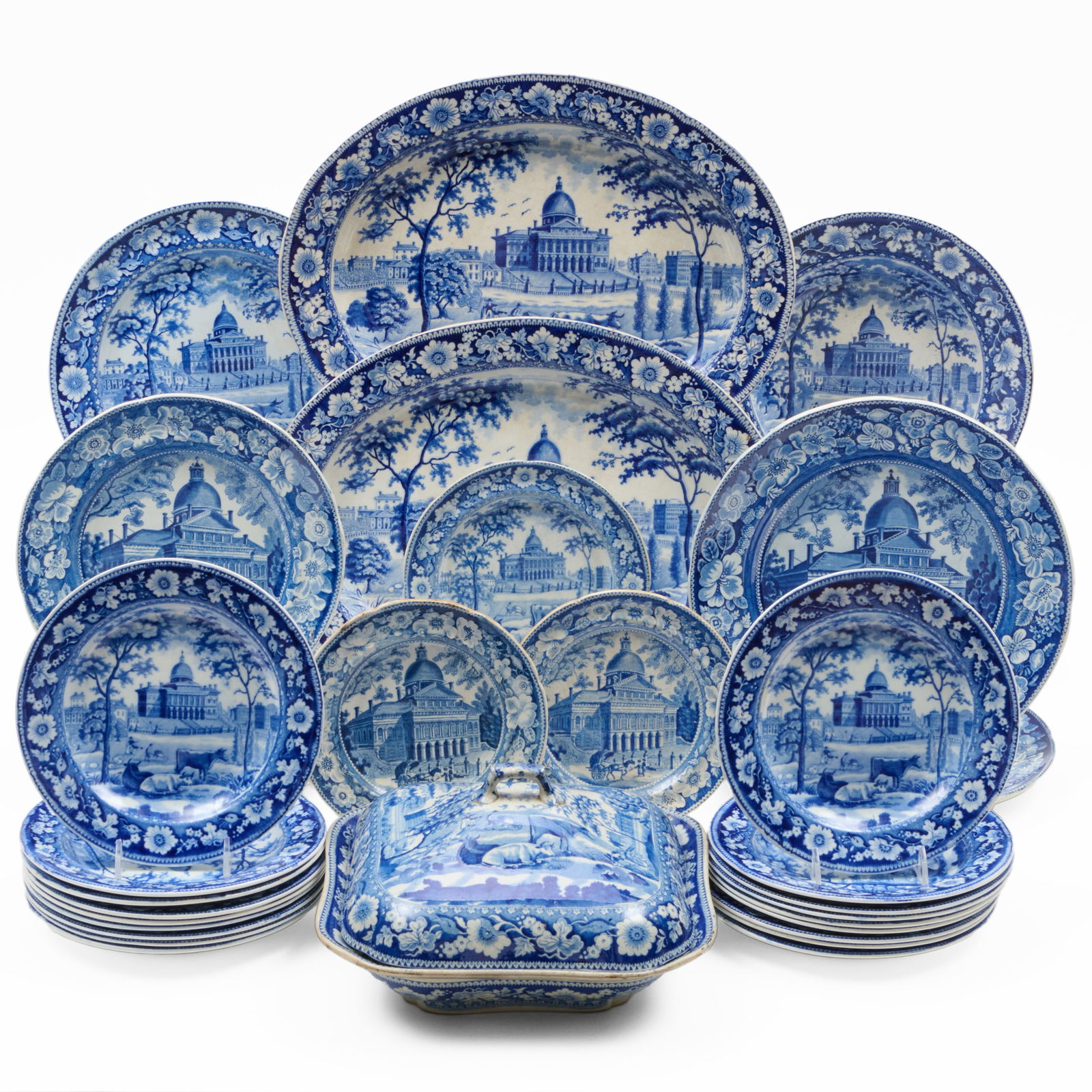 Assembled Enoch Wood and Rogers Staffordshire 'Boston State House' Part Service: Assembled Enoch Wood and Rogers Staffordshire 'Boston State House' Part Service Impressed marks. The Wood comprising: Three dinner plates Eighteen dessert plates The Rogers comprising: A pair of oval
