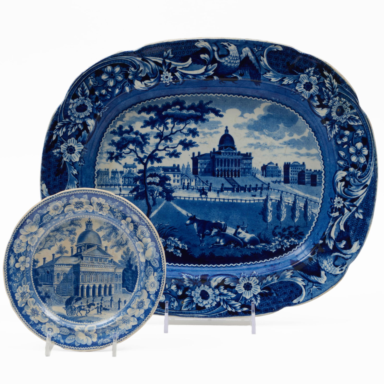 Joseph Stubbs Staffordshire Platter with 'State House Boston' and a 'View of Boston State House' (1 of 8)