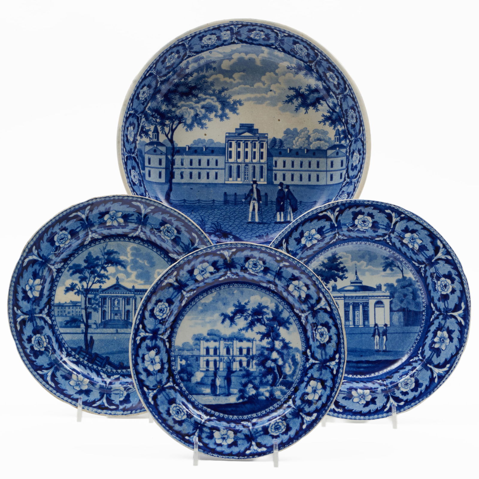 Group of Three Ridgway Staffordshire Plates and a Dish with Views of Philadelphia from the 'Beauties: Group of Three Ridgway Staffordshire Plates and a Dish with Views of Philadelphia from the 'Beauties of America' Series Each with blue printed mark. The largest plate 8 1/4 in. diam., the dish 2 x 10