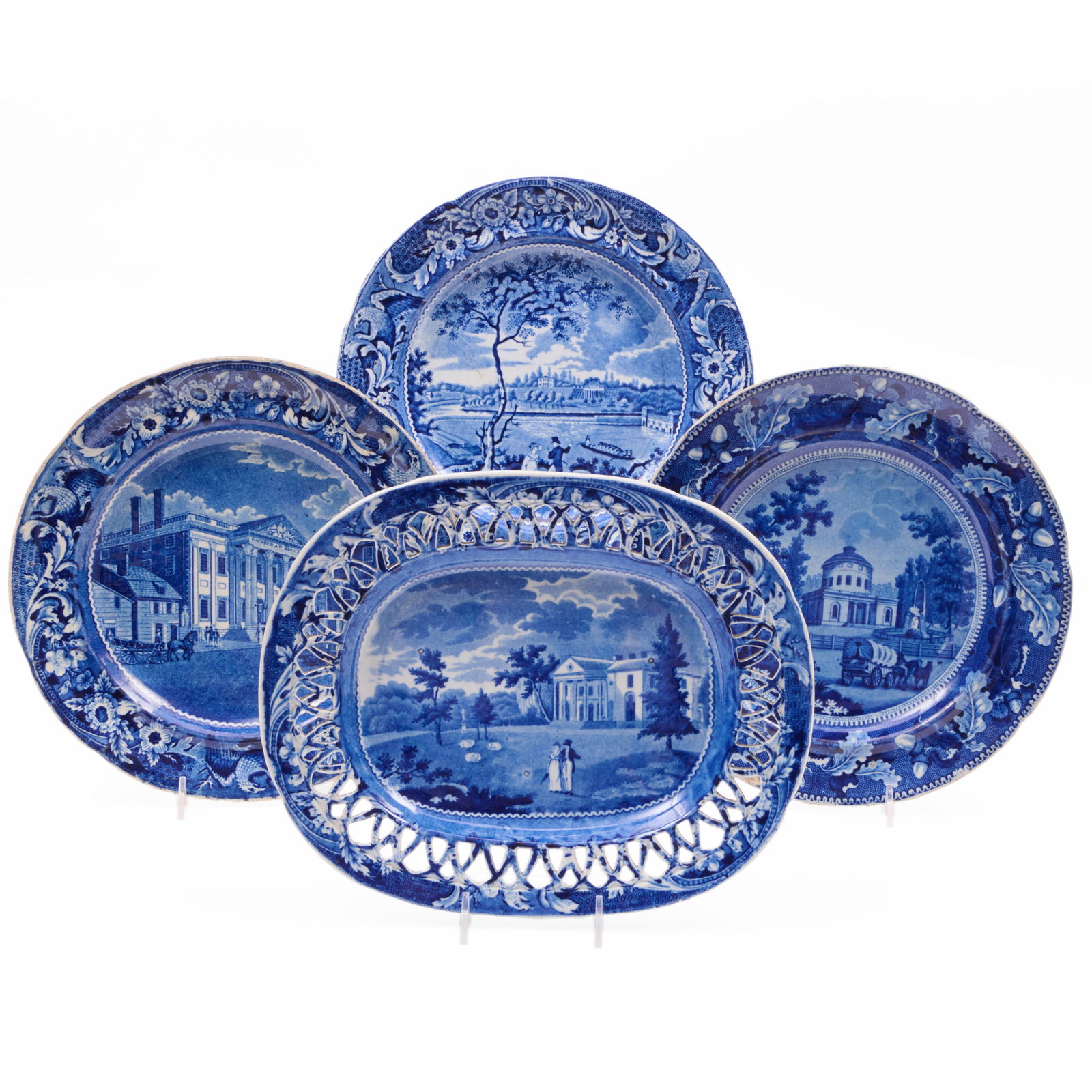 Group of Four Historical Staffordshire Wares Relating to Philadelphia: Group of Four Historical Staffordshire Wares Relating to Philadelphia Comprising: A Stubbs Staffordshire 'Woodlands Near Philadelphia' stand, blue printed mark A Stevenson and Williams 'Water Works Ph
