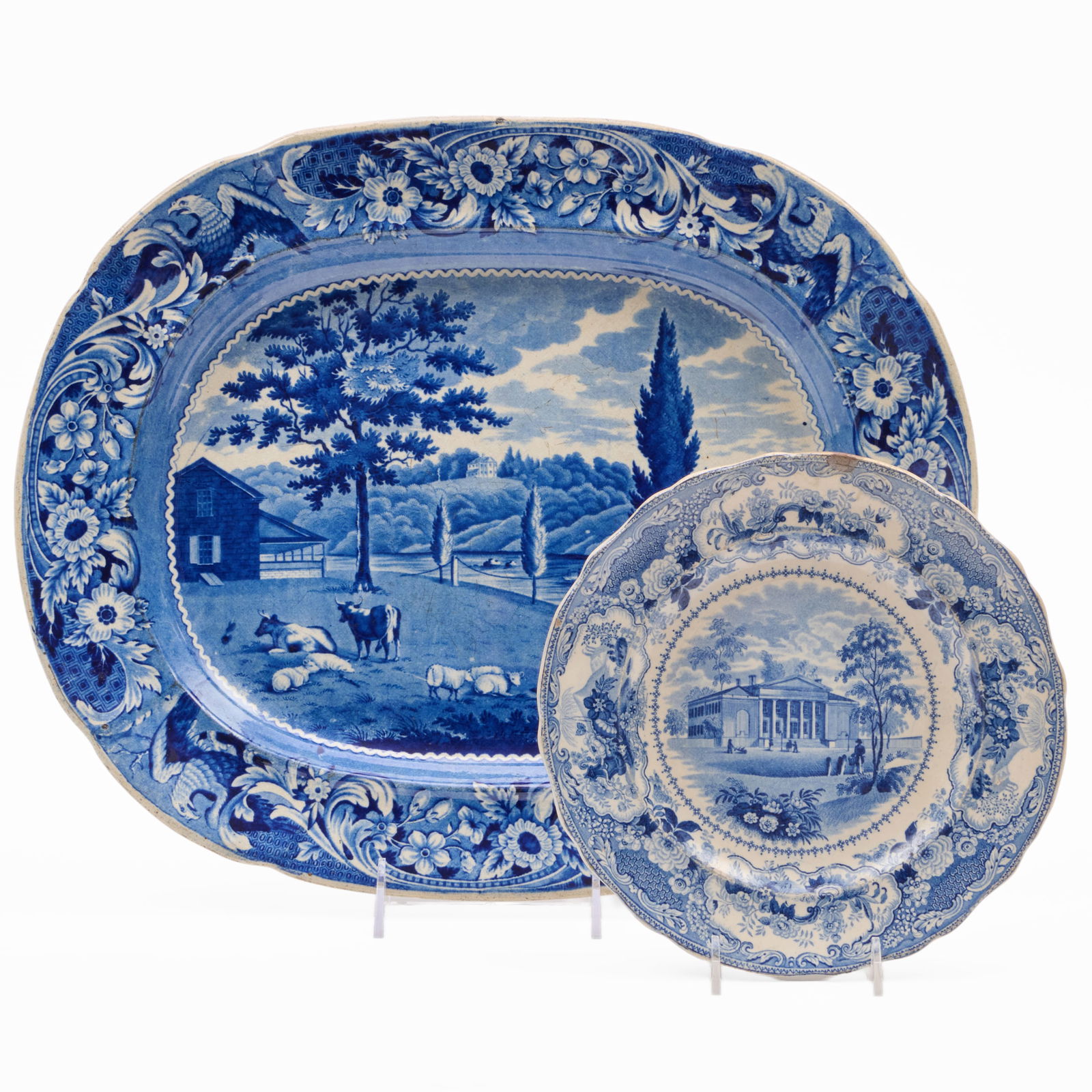 Stubbs Staffordshire 'Mendenhall Ferry' Platter and a Wood 'Dumb Asylum Philadelphia' Plate: Stubbs Staffordshire 'Mendenhall Ferry' Platter and a Wood 'Dumb Asylum Philadelphia' Plate Blue printed mark. The platter 13 3/4 x 16 3/4 in., the plate 8 1/2 in. diam. The Miller Family Collection,